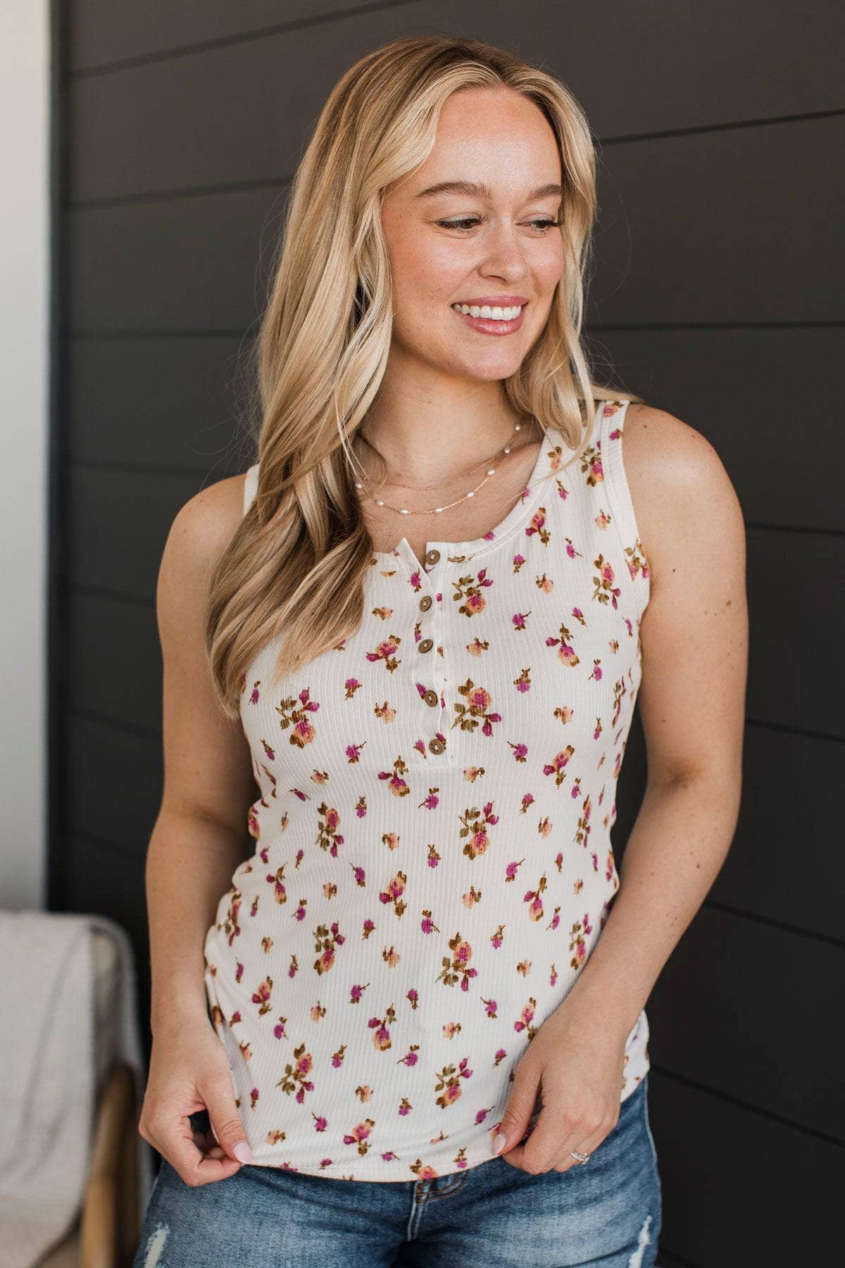 Fresh Mornings Floral Tank Top- Ivory & Pink - Image 2