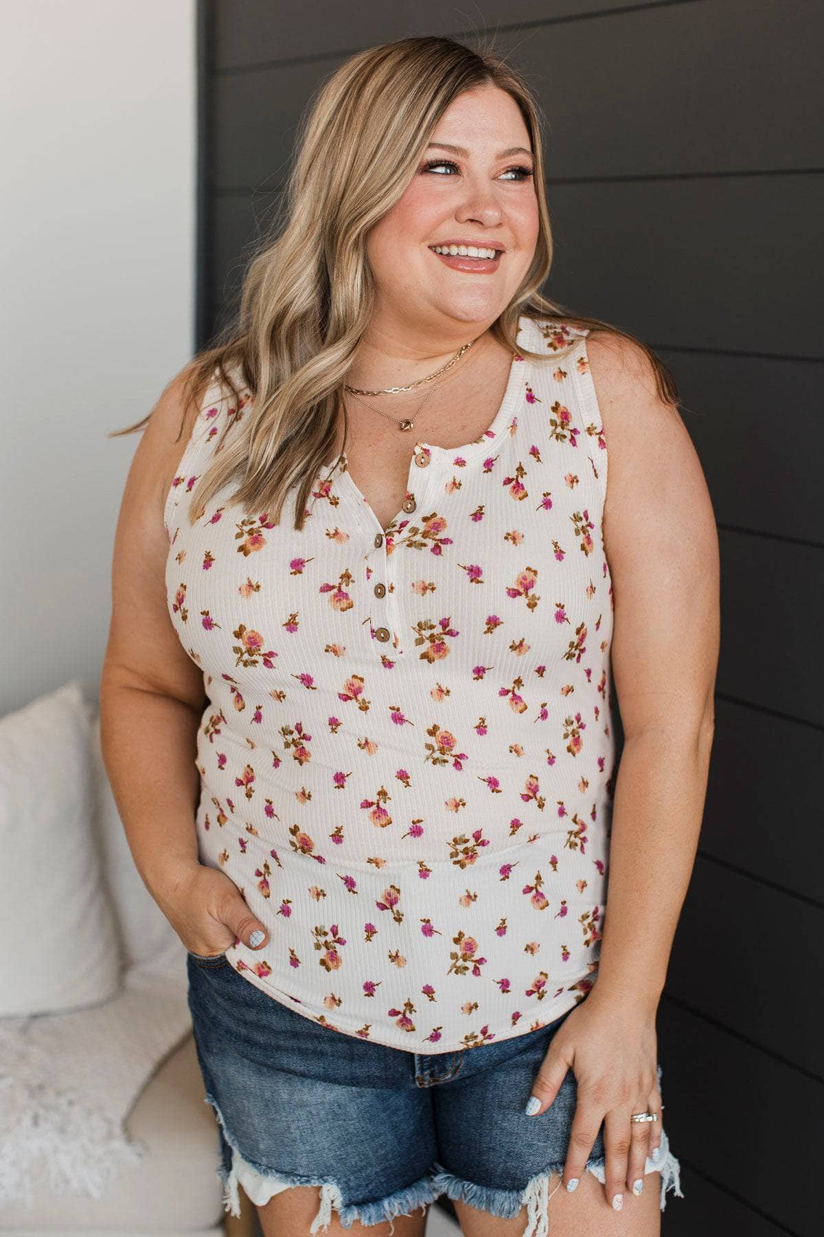 Fresh Mornings Floral Tank Top- Ivory & Pink - Image 3
