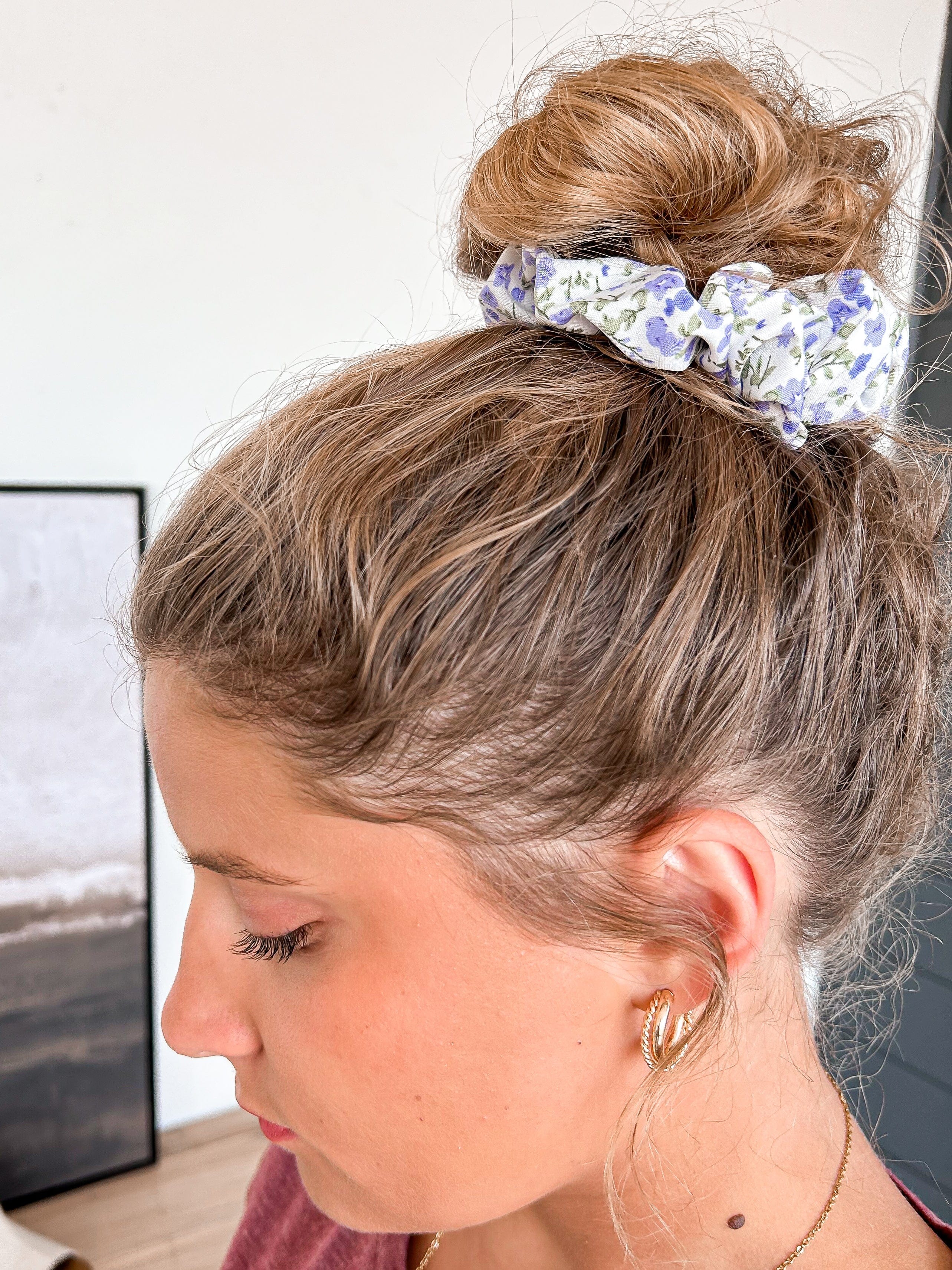 Fresh Sunshine Floral Hair Scrunchie- Ivory & Lavender - Image 2