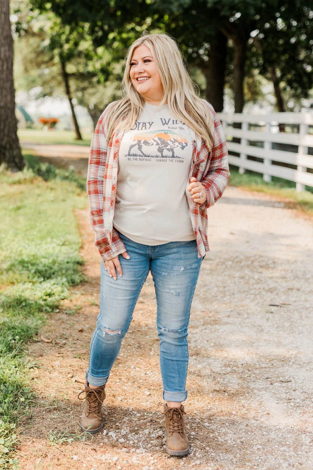 Friendly Smiles Button Down Plaid Top- Rust & Beige - Image 2