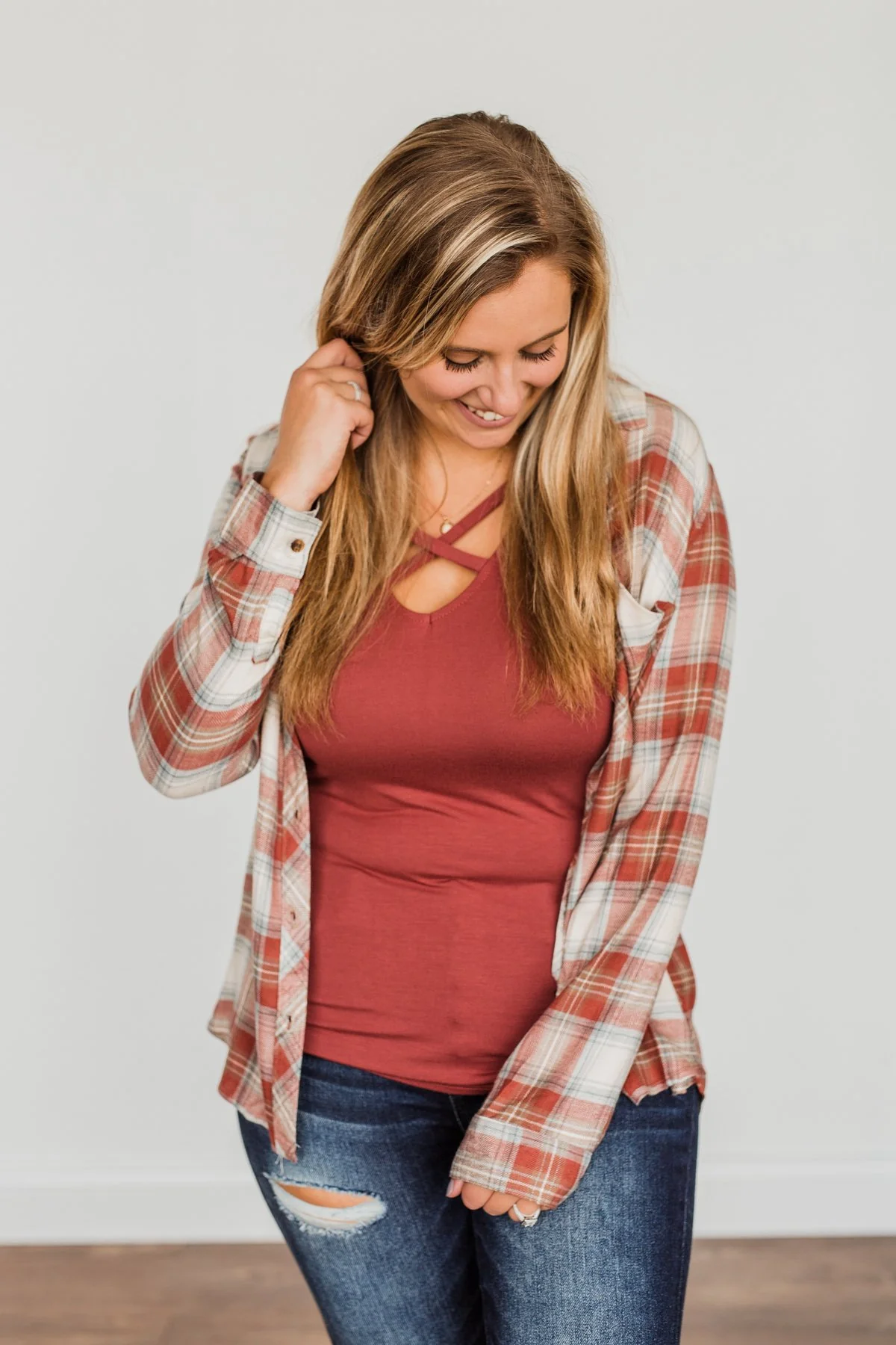 Friendly Smiles Button Down Plaid Top- Rust & Beige - Image 3