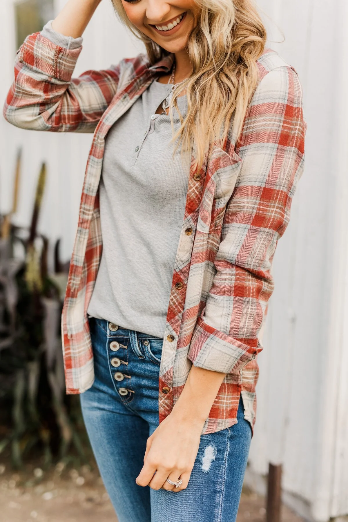 Friendly Smiles Button Down Plaid Top- Rust & Beige - Image 6