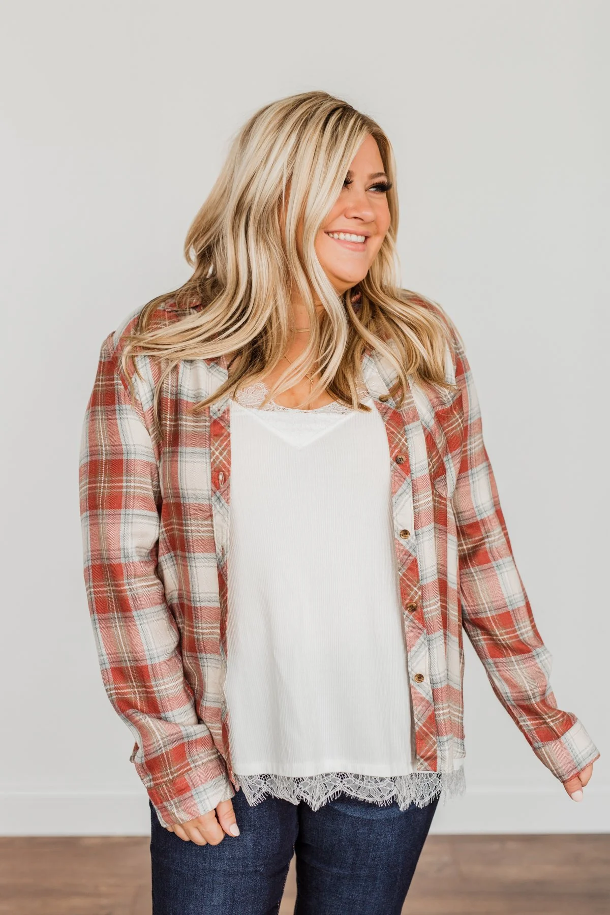 Friendly Smiles Button Down Plaid Top- Rust & Beige - Image 7