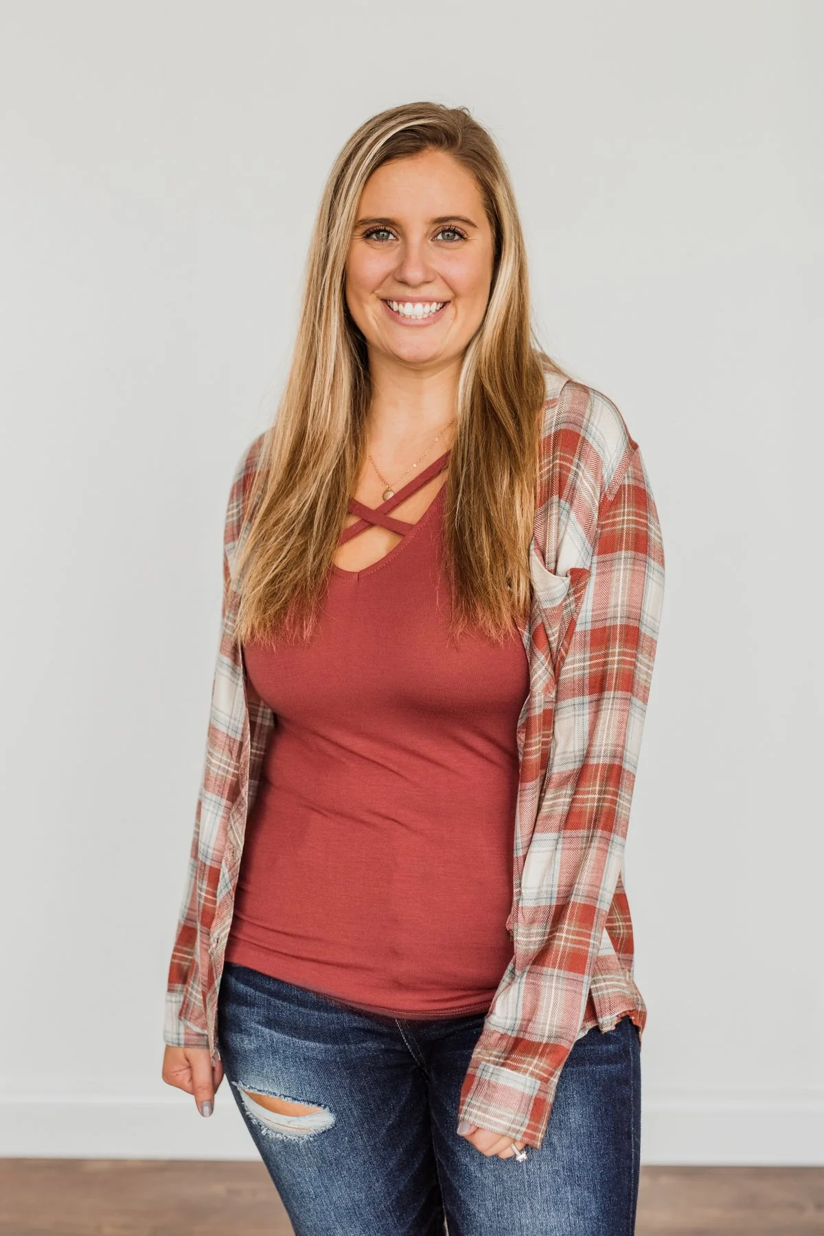 Friendly Smiles Button Down Plaid Top- Rust & Beige - Image 8