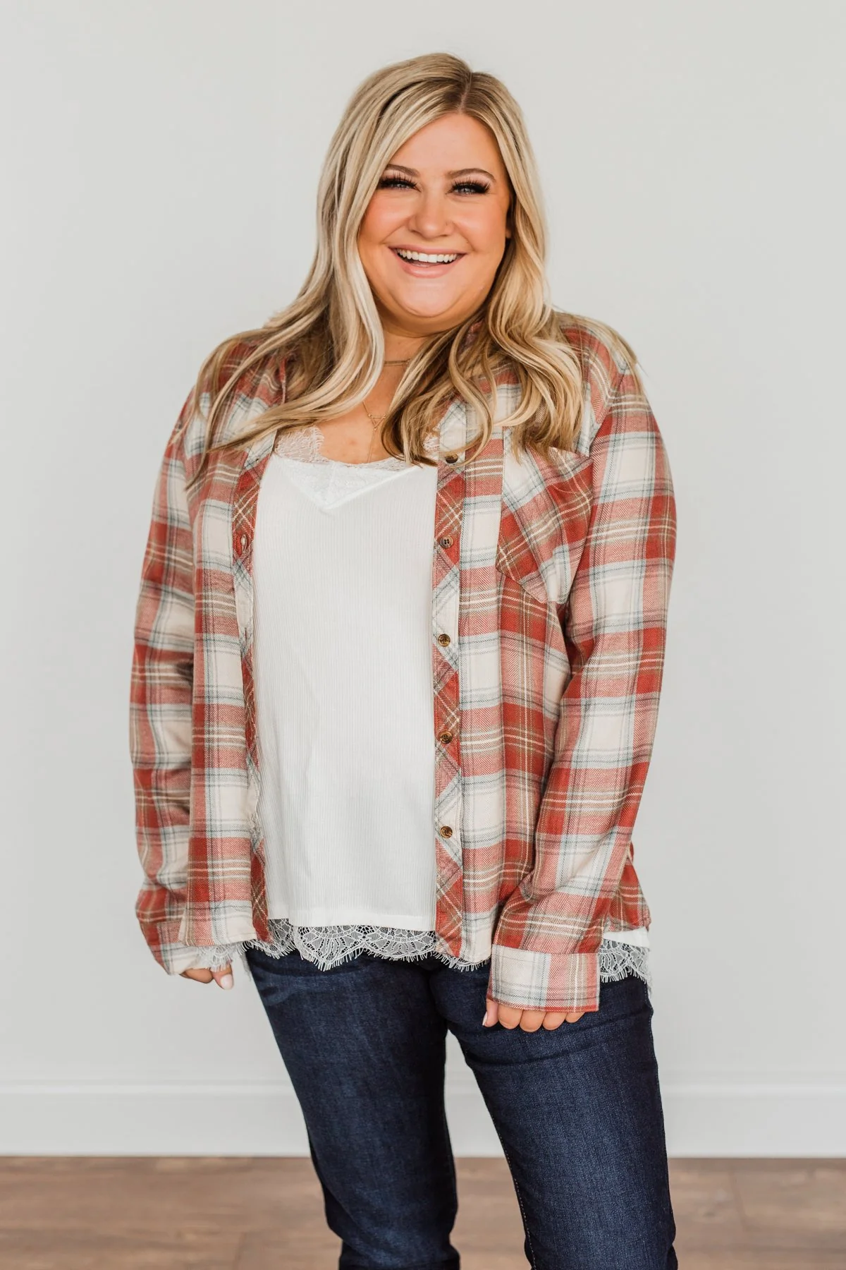 Friendly Smiles Button Down Plaid Top- Rust & Beige - Image 9