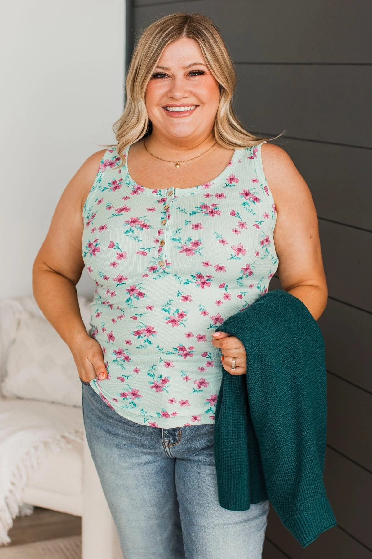 Friends For Life Floral Tank Top- Light Mint & Magenta - Image 4