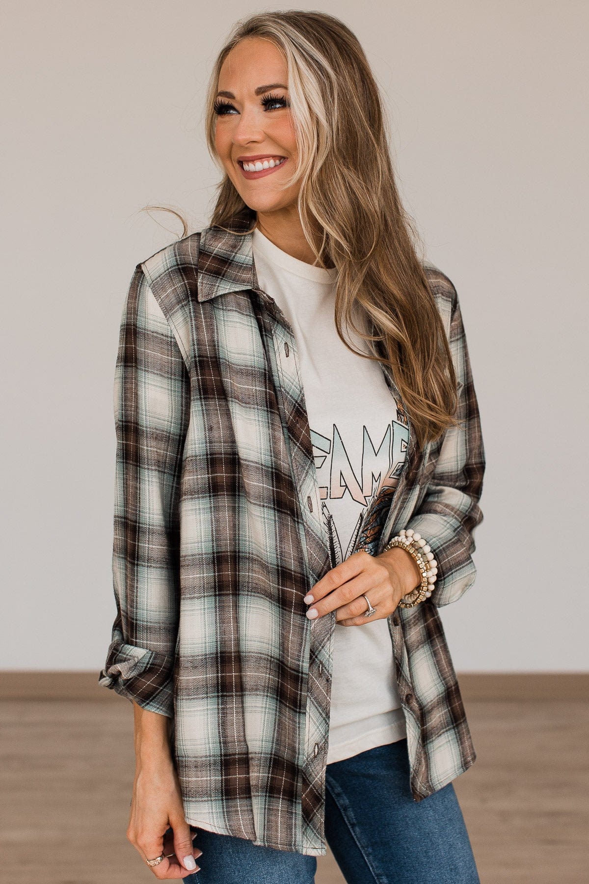 From Now On Plaid Button Top- Sage - Image 2