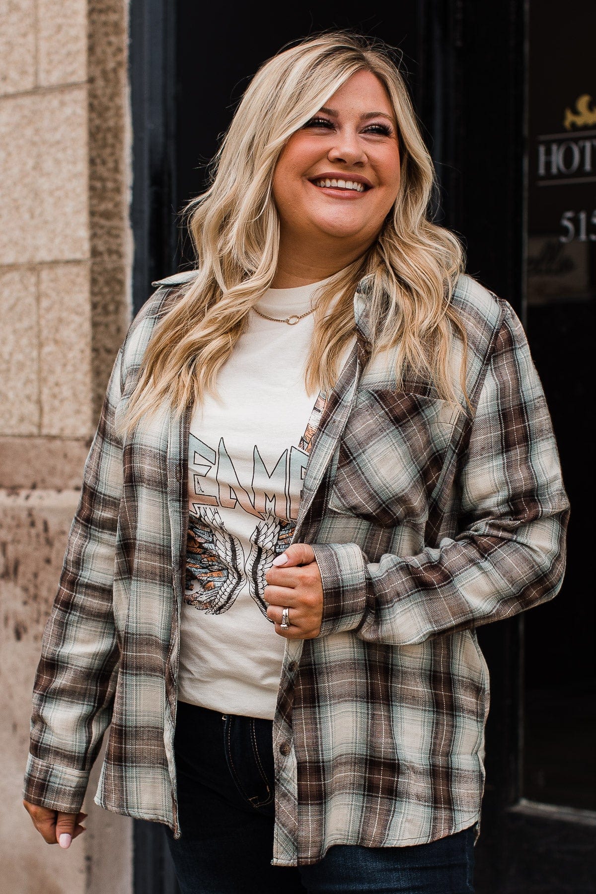 From Now On Plaid Button Top- Sage - Image 5