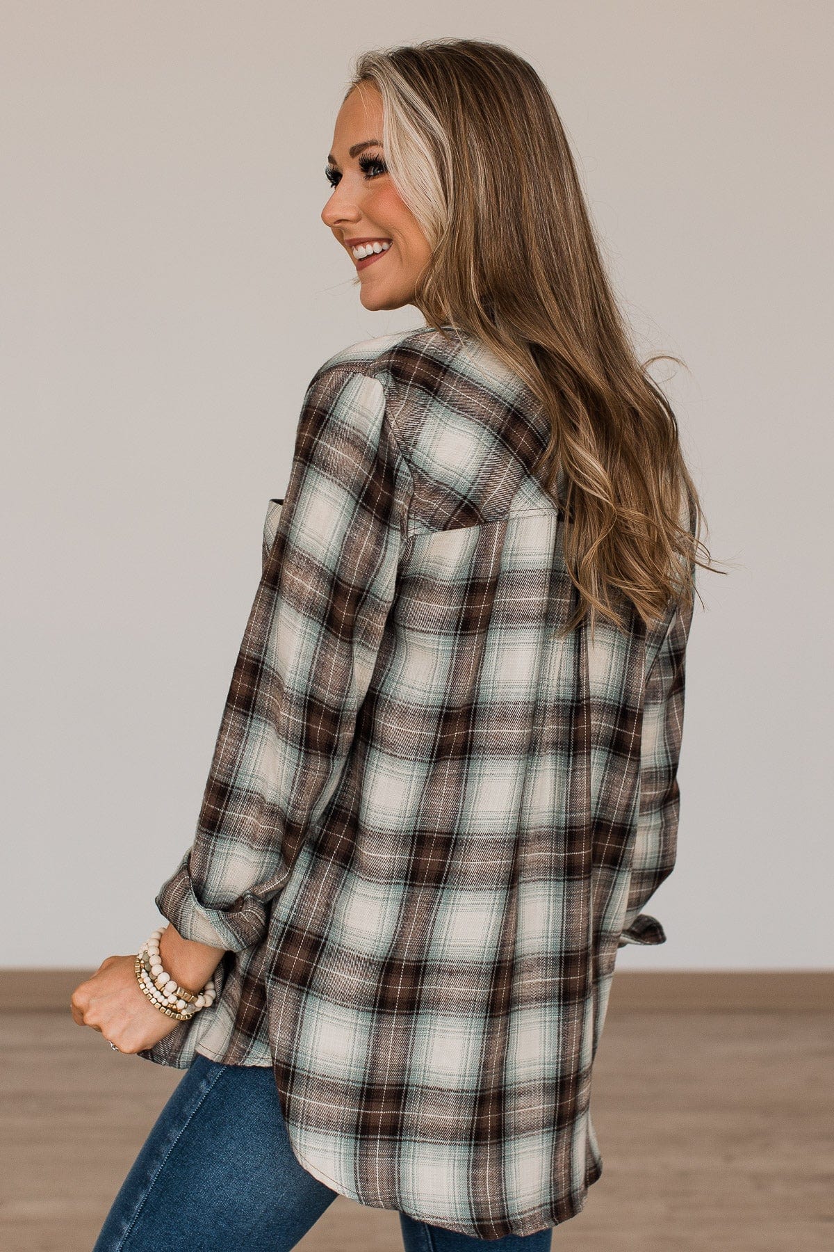 From Now On Plaid Button Top- Sage - Image 7