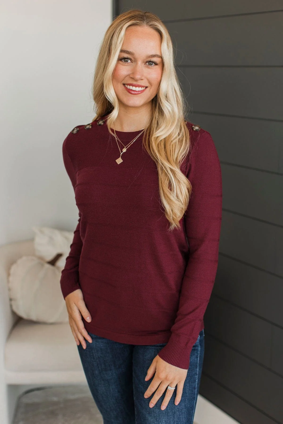 From The Heart Button Knit Sweater- Burgundy - Image 3