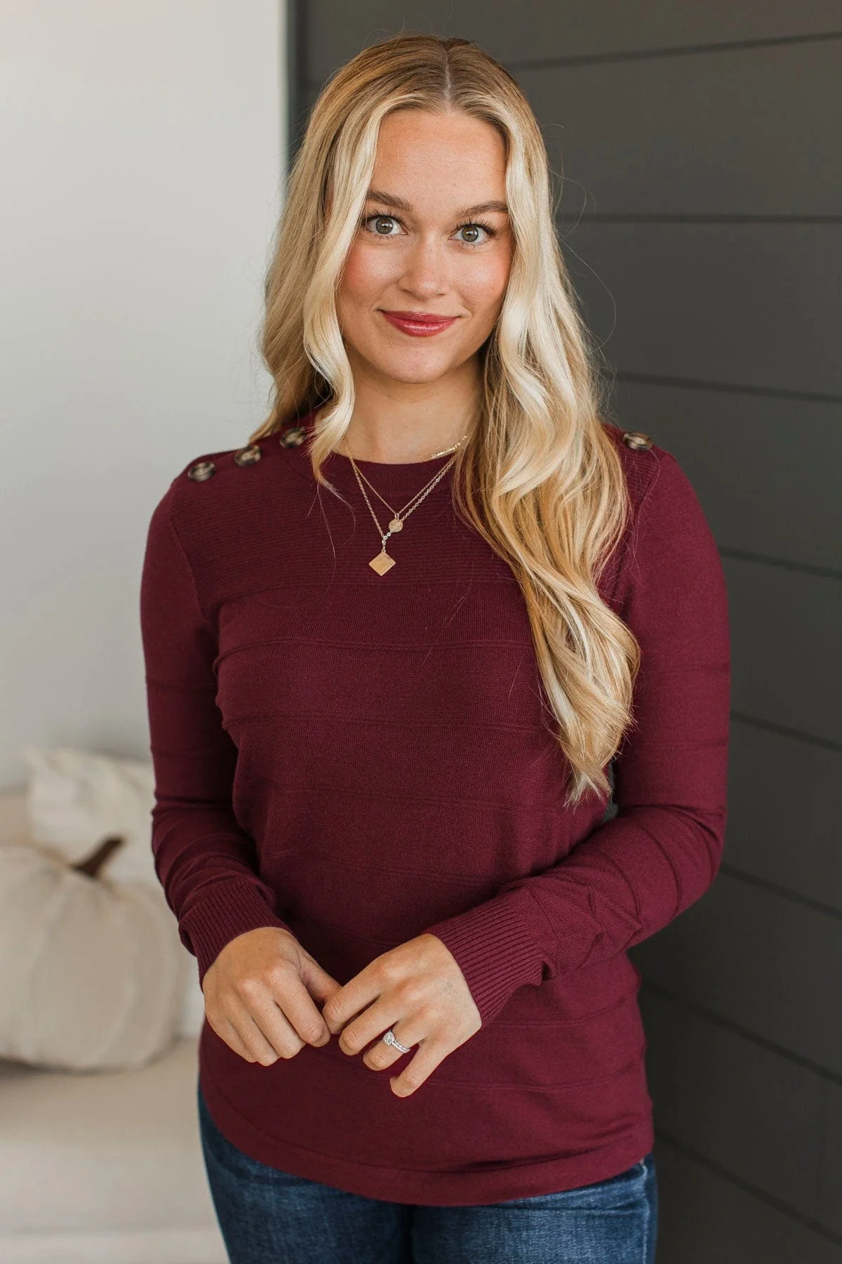 From The Heart Button Knit Sweater- Burgundy - Image 5