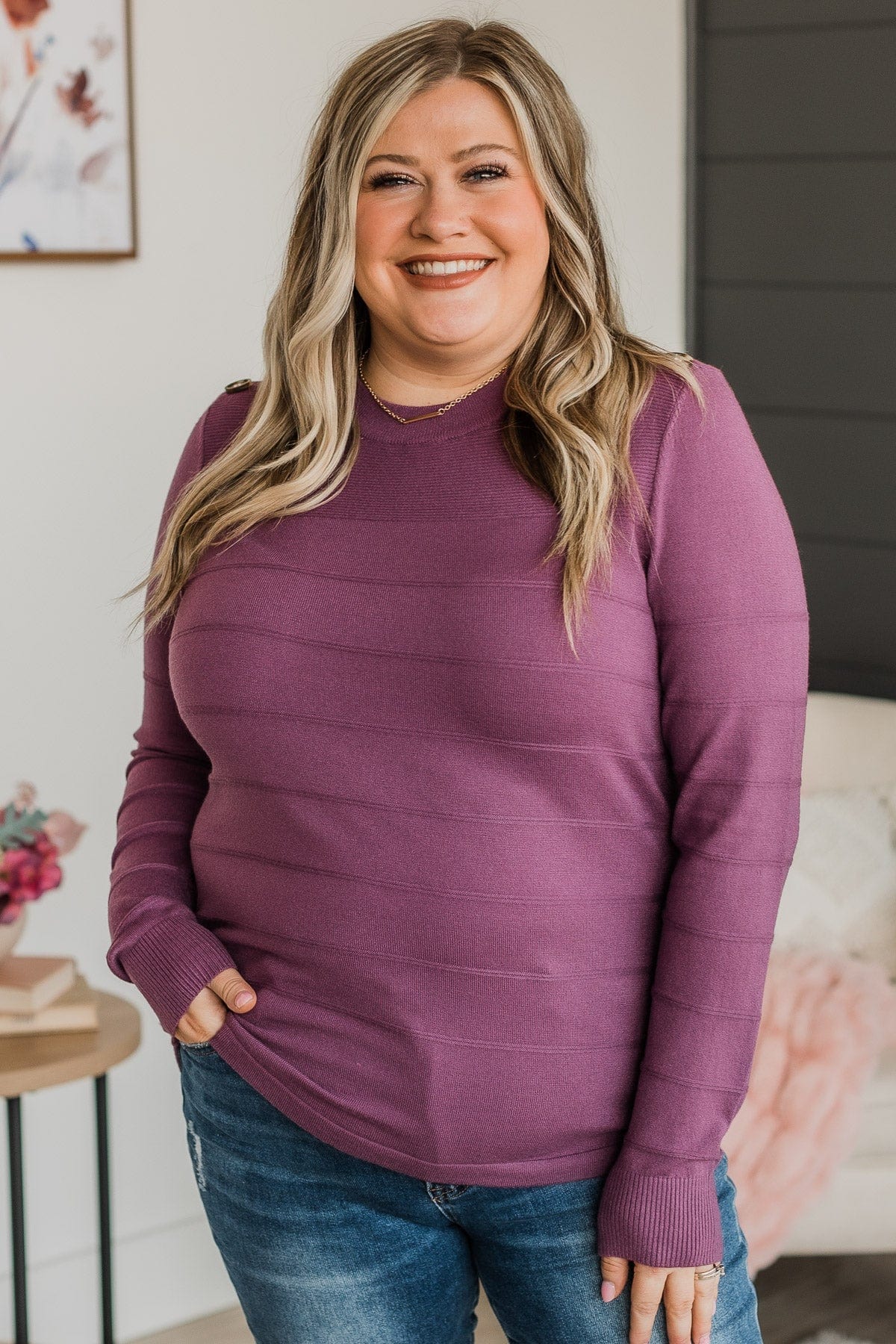From The Heart Button Knit Sweater- Dusty Plum - Image 2