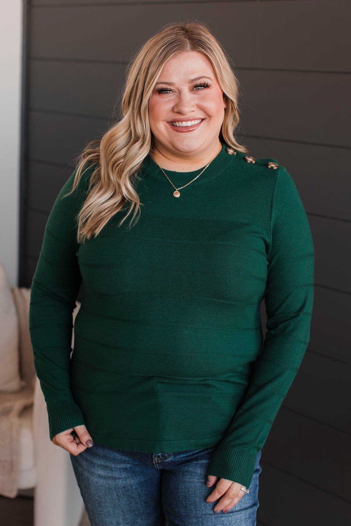 From The Heart Button Knit Sweater- Forest Green - Image 2