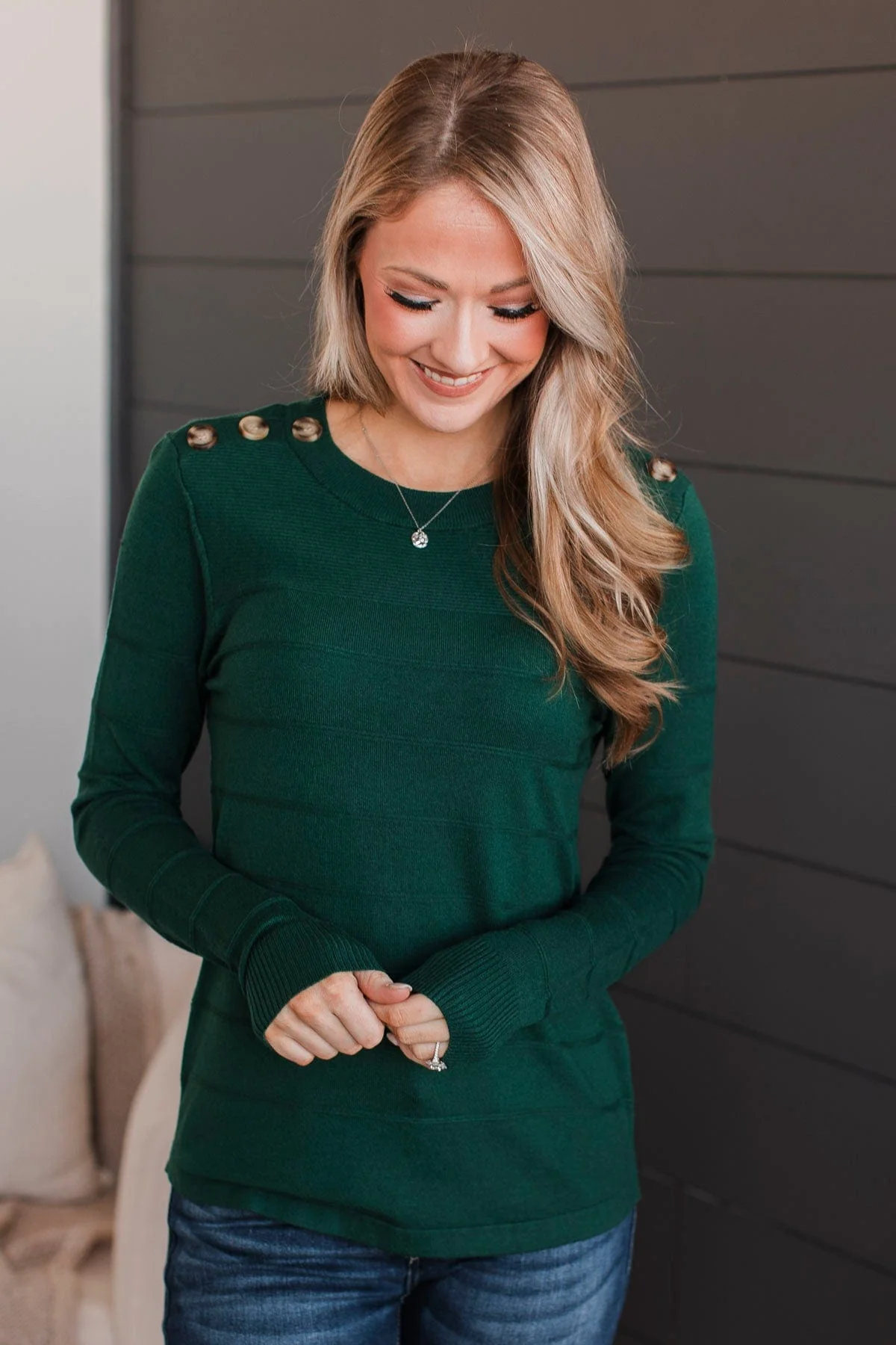 From The Heart Button Knit Sweater- Forest Green - Image 3