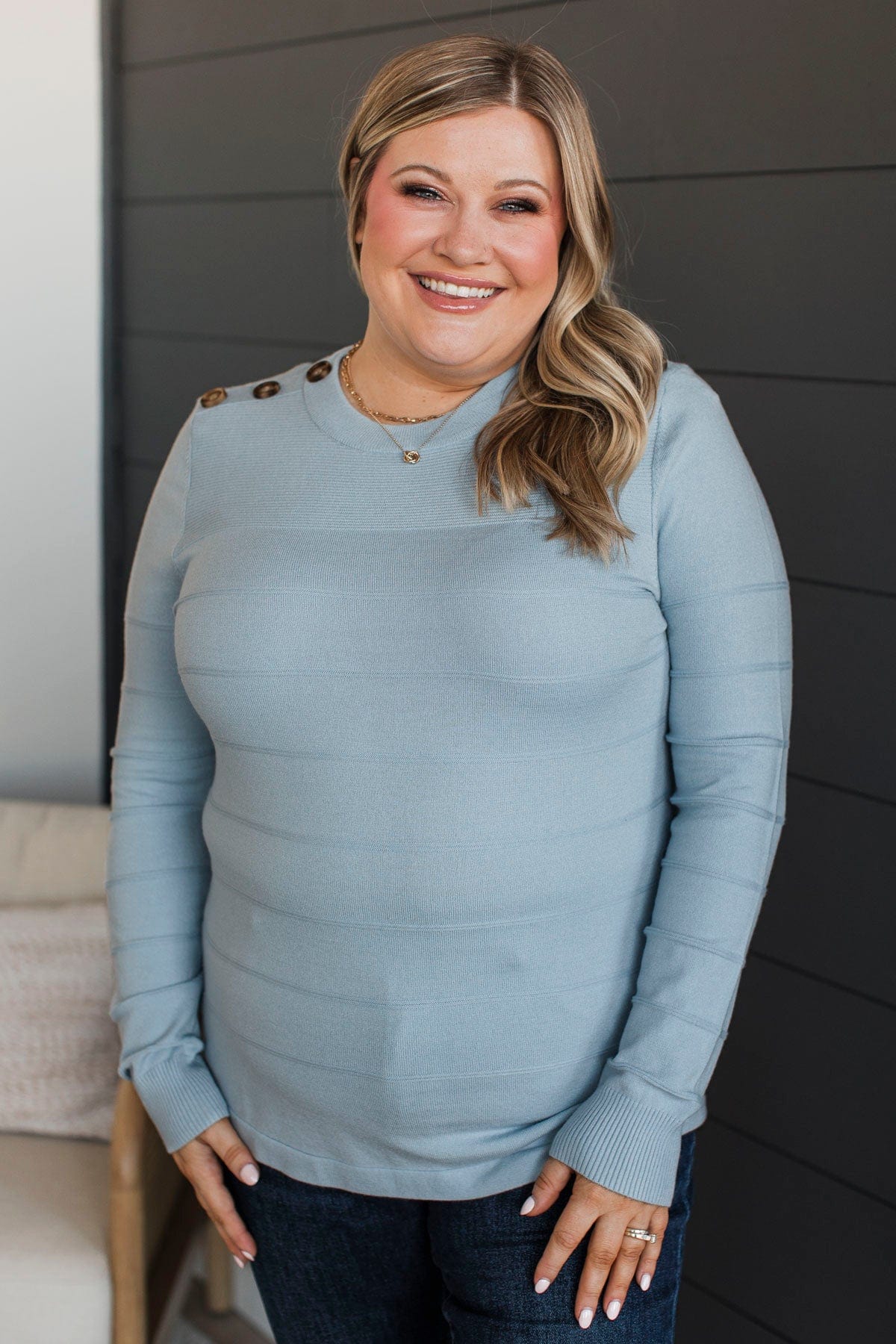 From The Heart Button Knit Sweater- Light Blue - Image 2