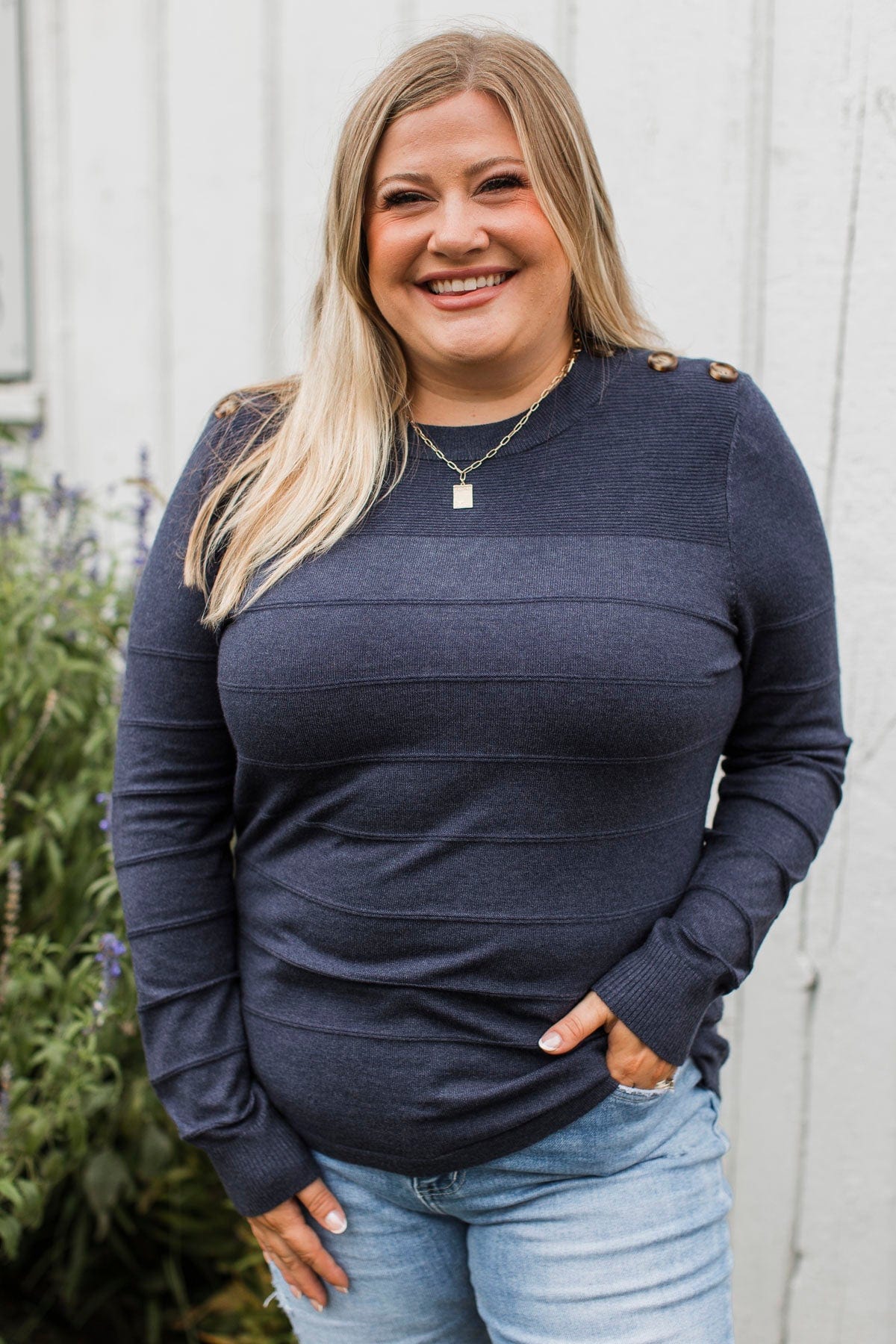 From The Heart Button Knit Sweater- Navy - Image 4