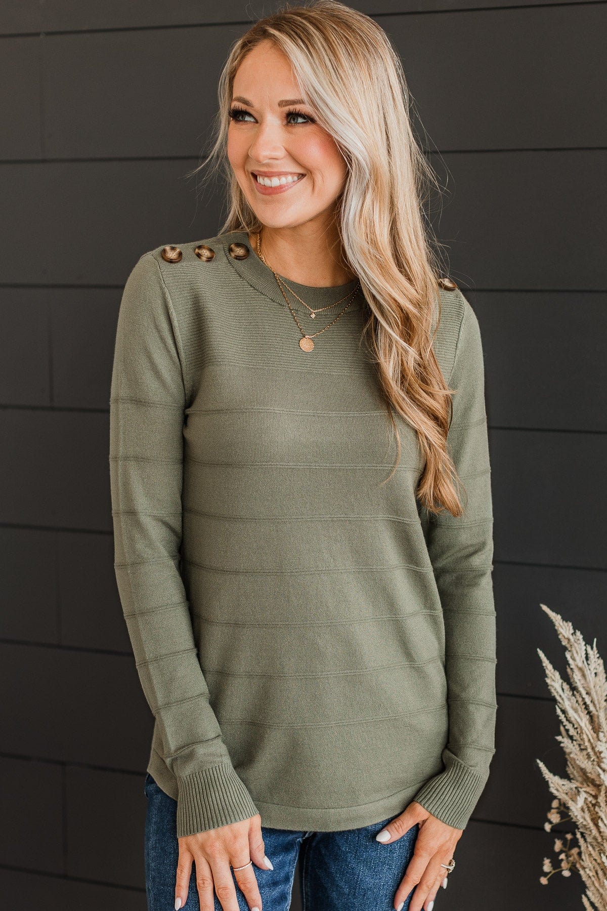From The Heart Button Knit Sweater- Olive - Image 3