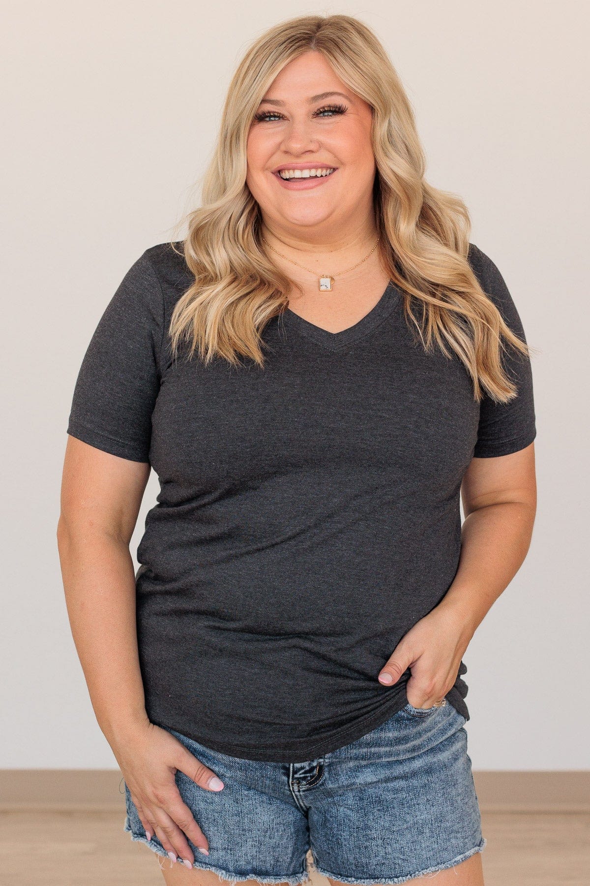 From The Moment We Met V-Neck Tee- Charcoal - Image 4