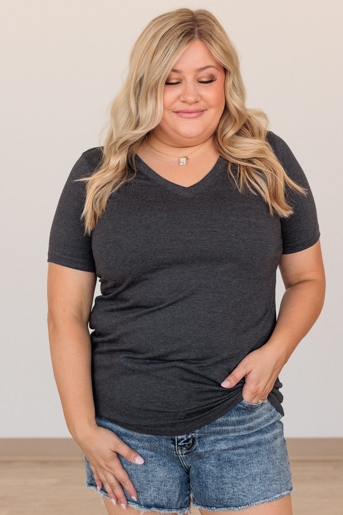 From The Moment We Met V-Neck Tee- Charcoal - Image 7