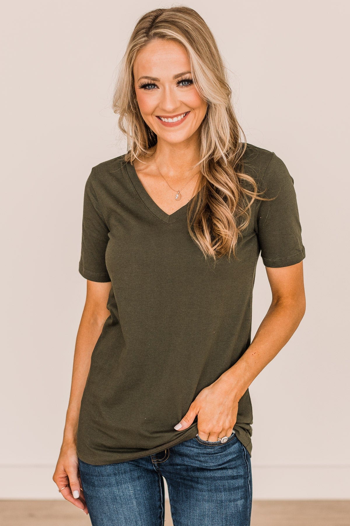 From The Moment We Met V-Neck Tee- Dark Olive - Image 2
