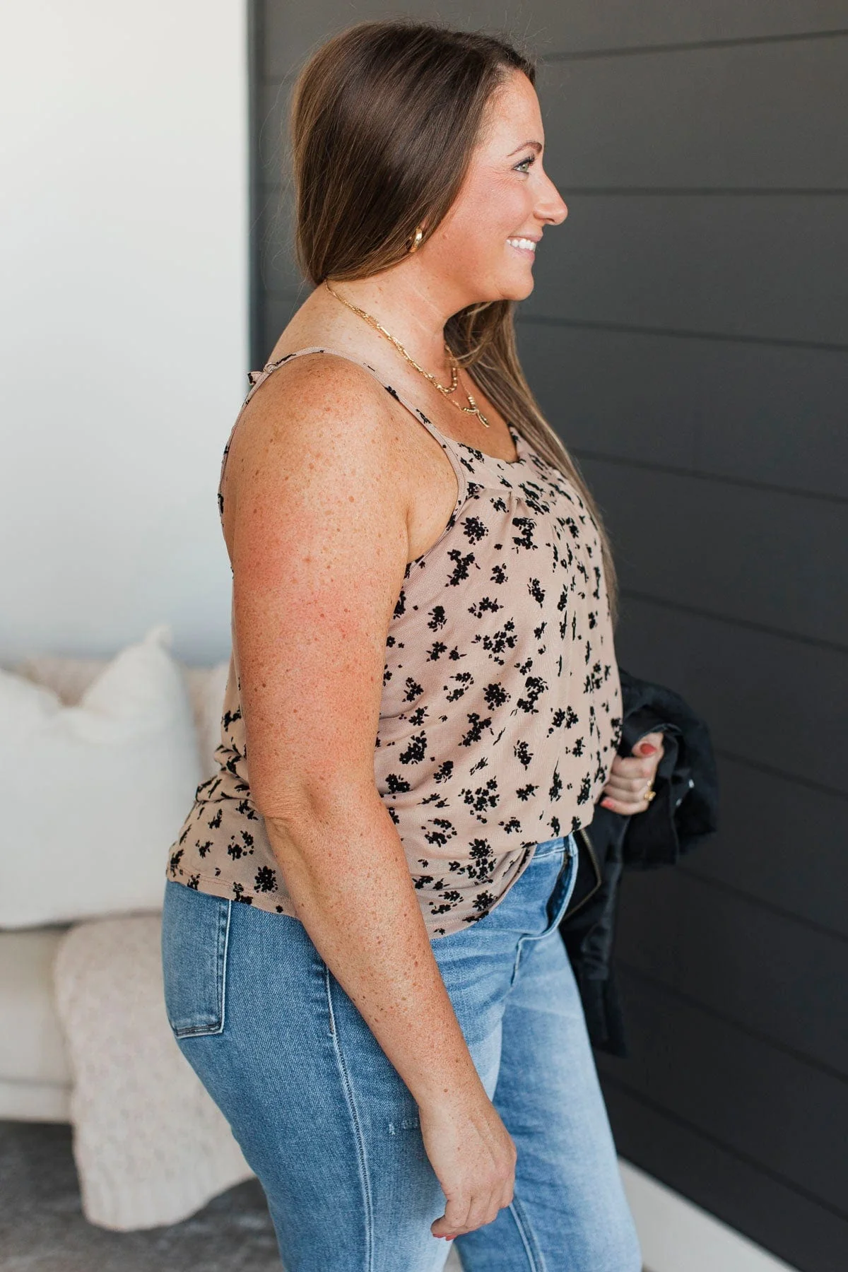 From The Start Floral Tank Top- Tan & Black - Image 4