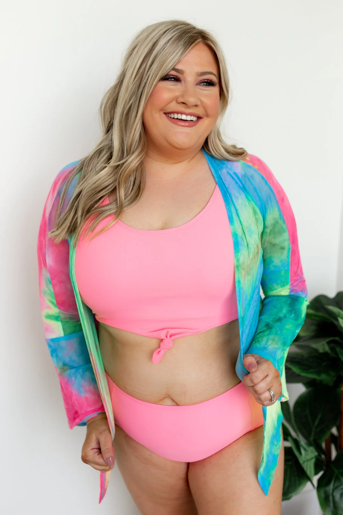 Front Knot Swimsuit Tankini- Neon Pink - Image 3