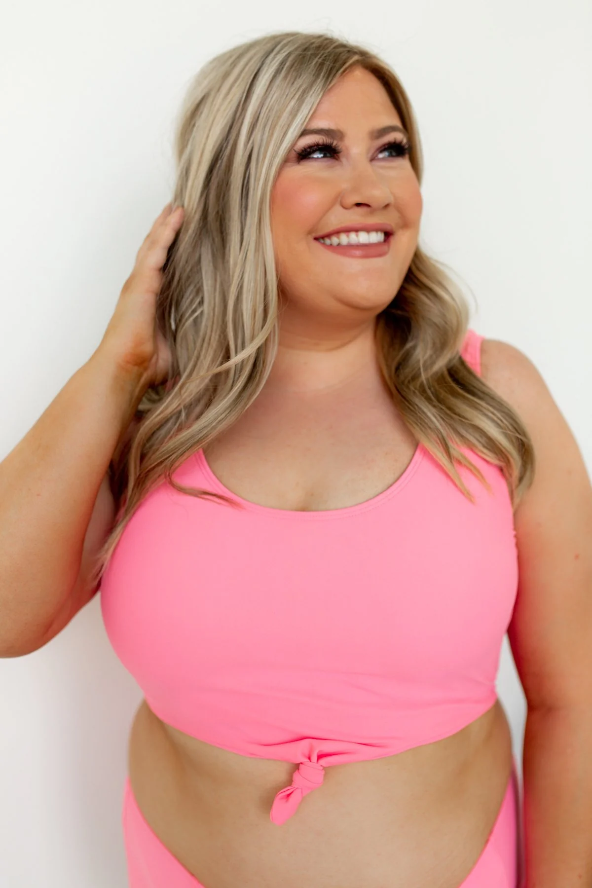 Front Knot Swimsuit Tankini- Neon Pink - Image 6