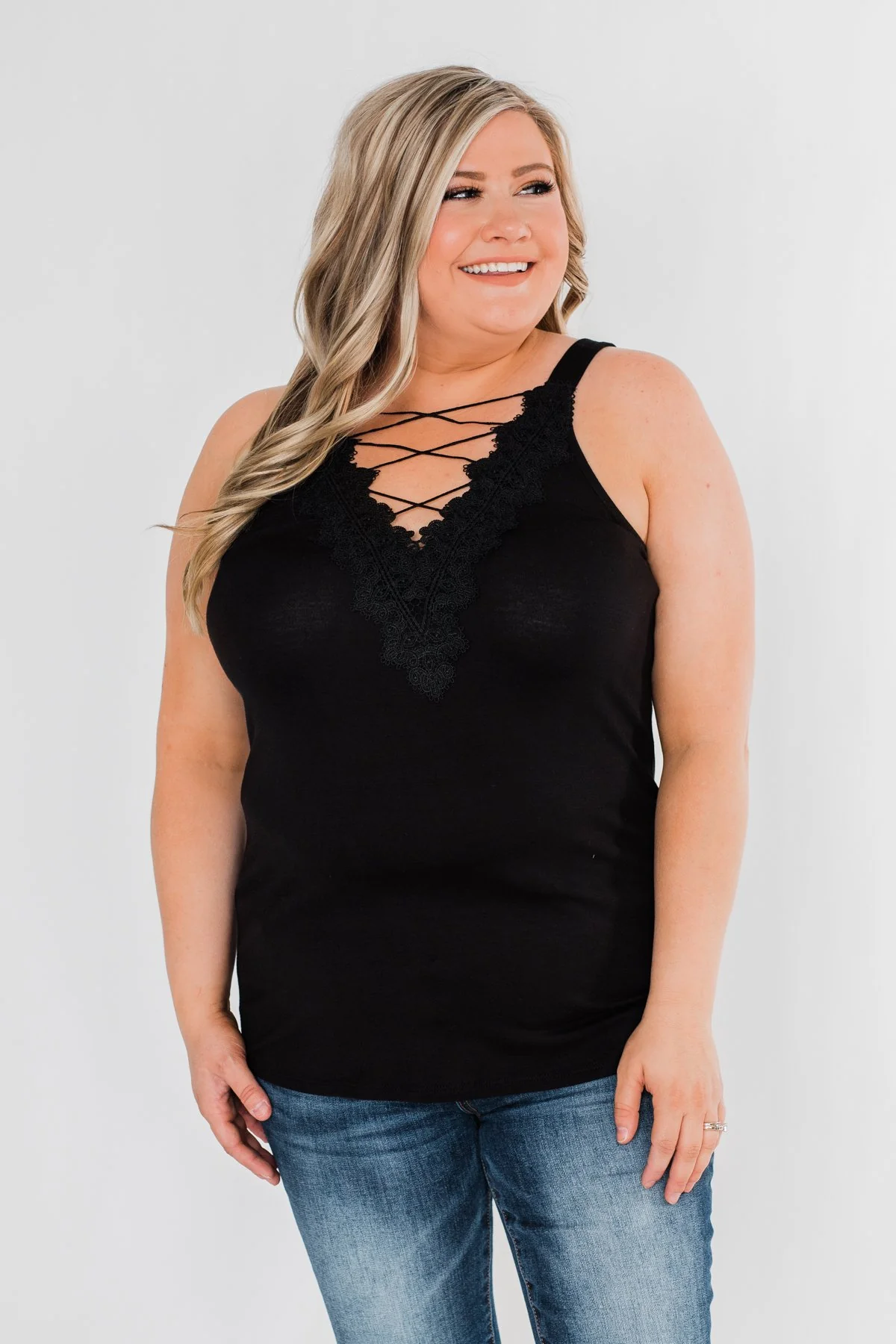 Front Lace Criss Cross Tank Top- Black - Image 5