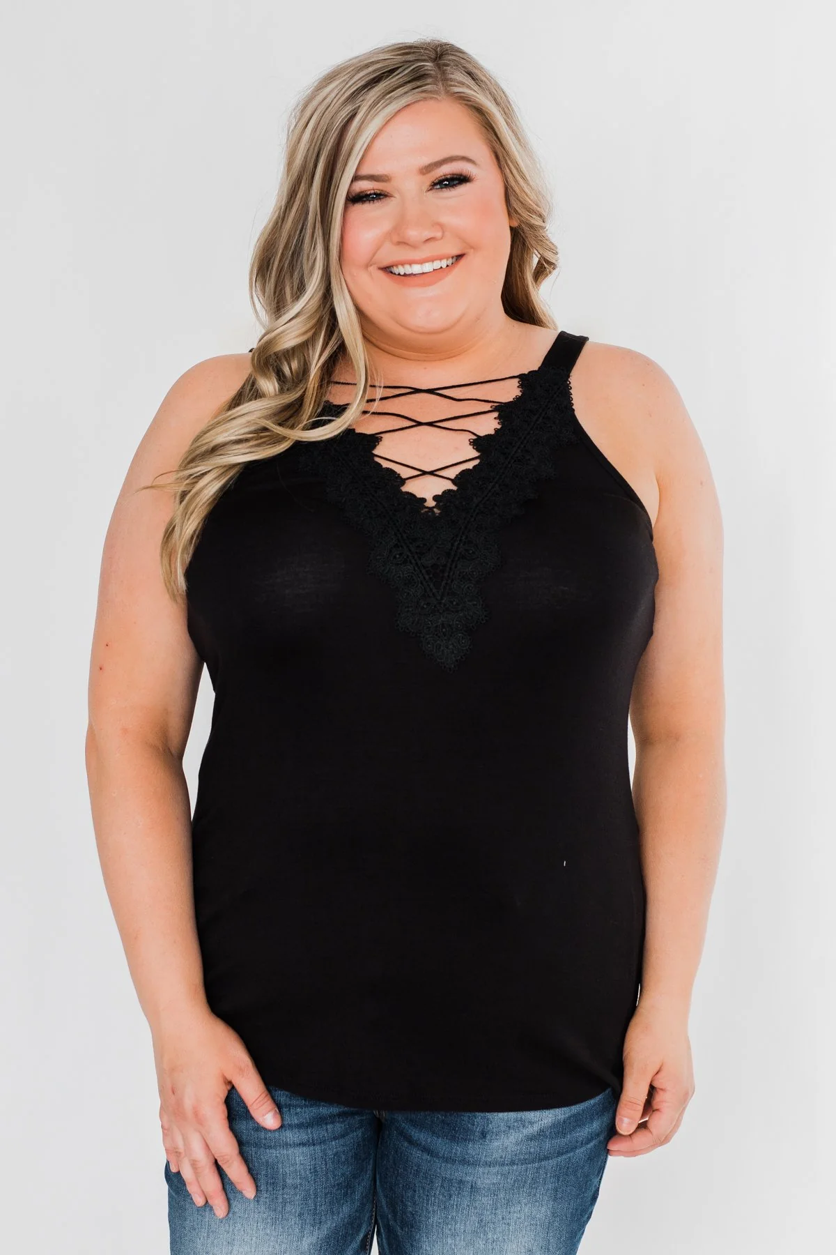 Front Lace Criss Cross Tank Top- Black - Image 7