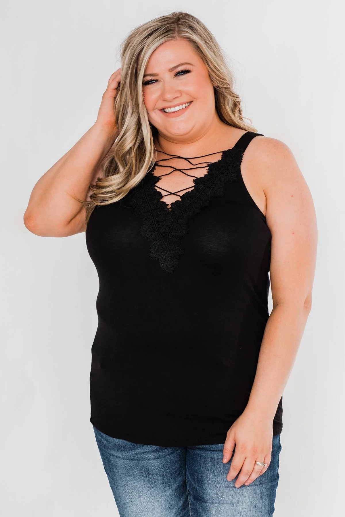 Front Lace Criss Cross Tank Top- Black - Image 9