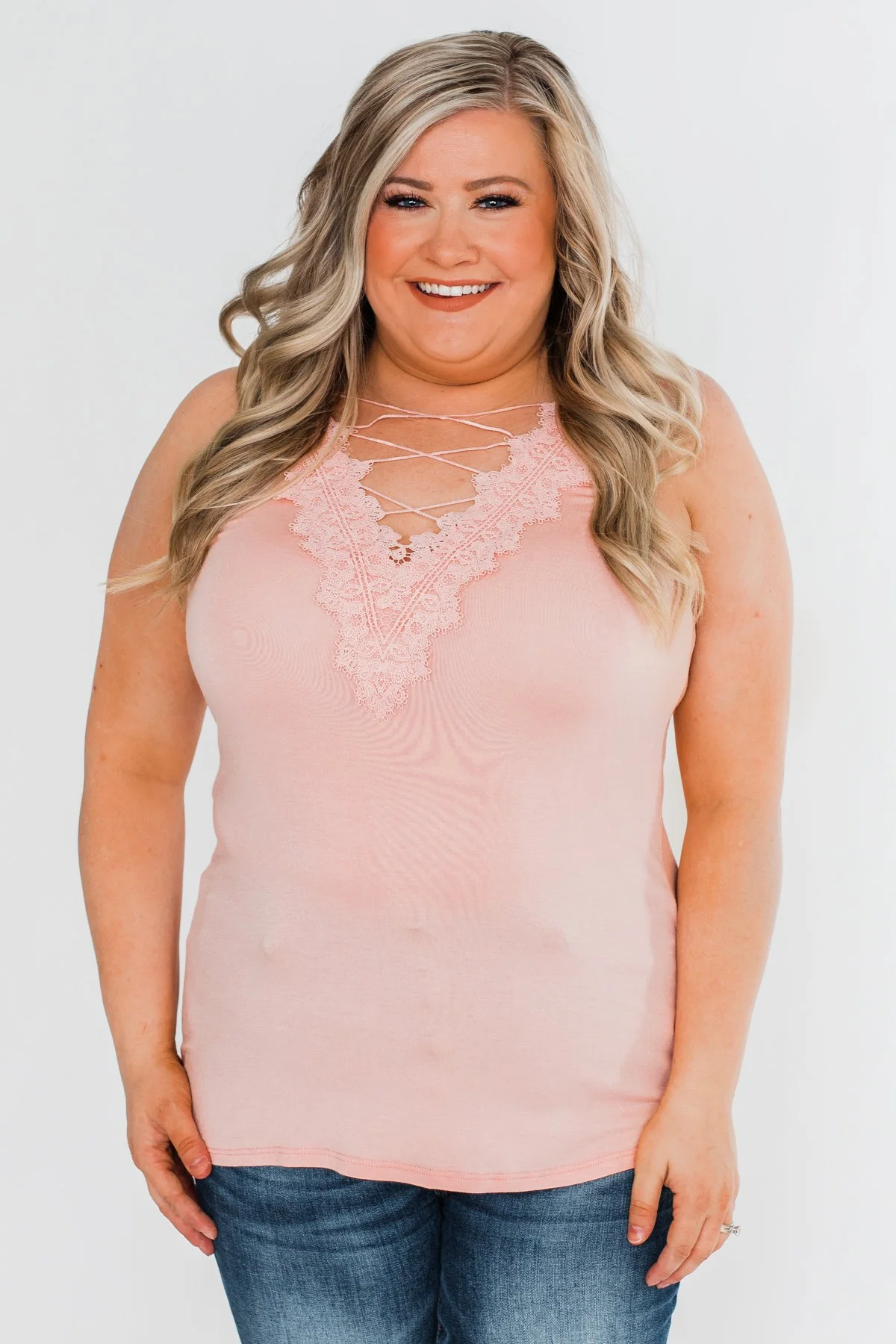 Front Lace Criss Cross Tank Top- Blush - Image 5