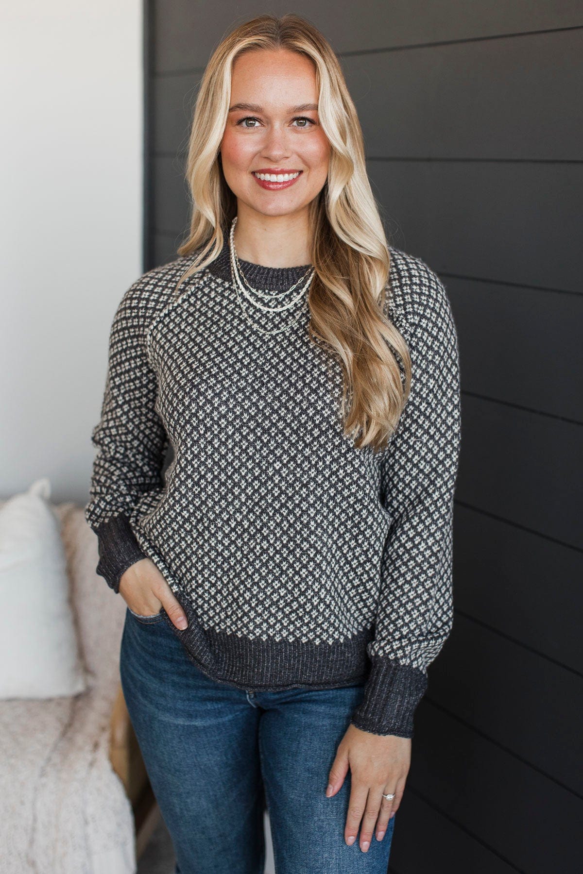 Frosted Looks Printed Knit Sweater- Dark Charcoal - Image 3