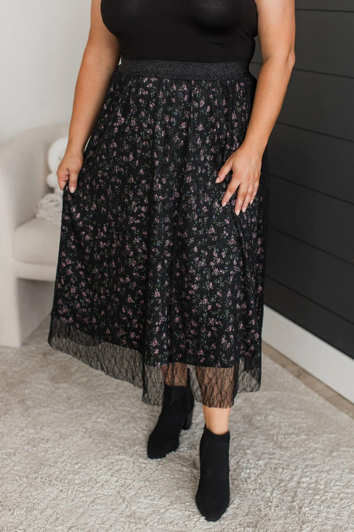 Fulfill Your Life Floral & Lace Midi Skirt- Black - Image 3