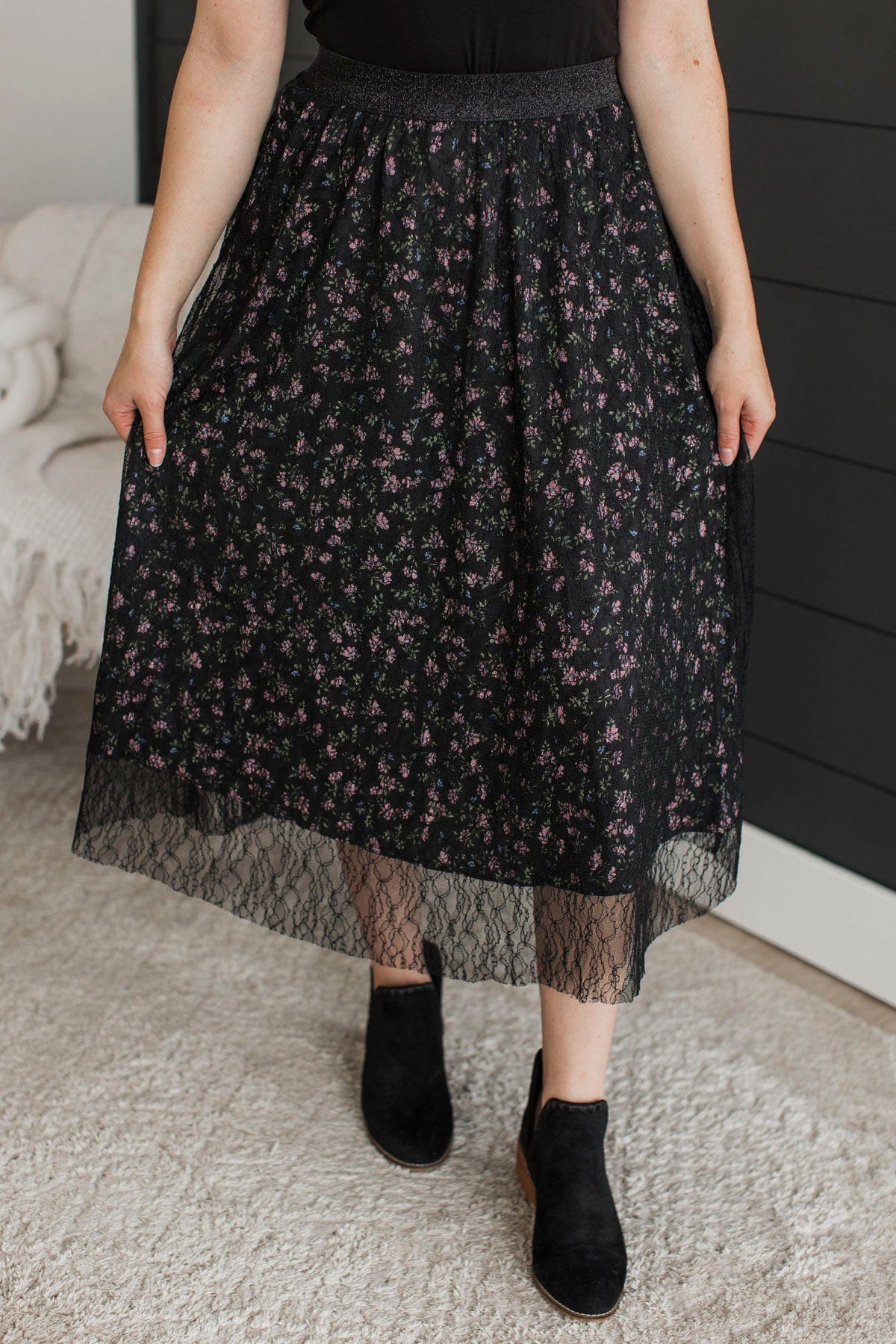 Fulfill Your Life Floral & Lace Midi Skirt- Black - Image 4