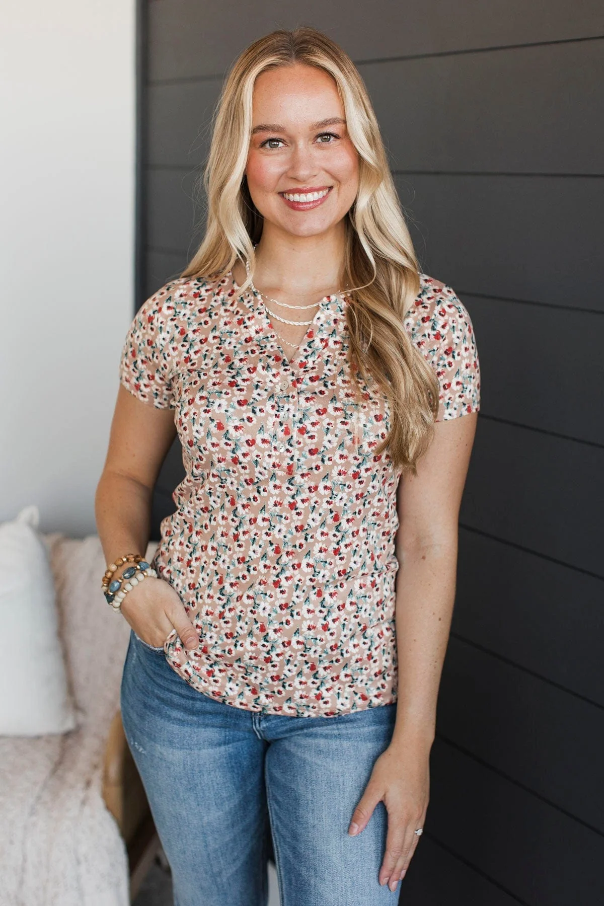 Fulfilling Dreams Short Sleeve Floral Top- Taupe - Image 2