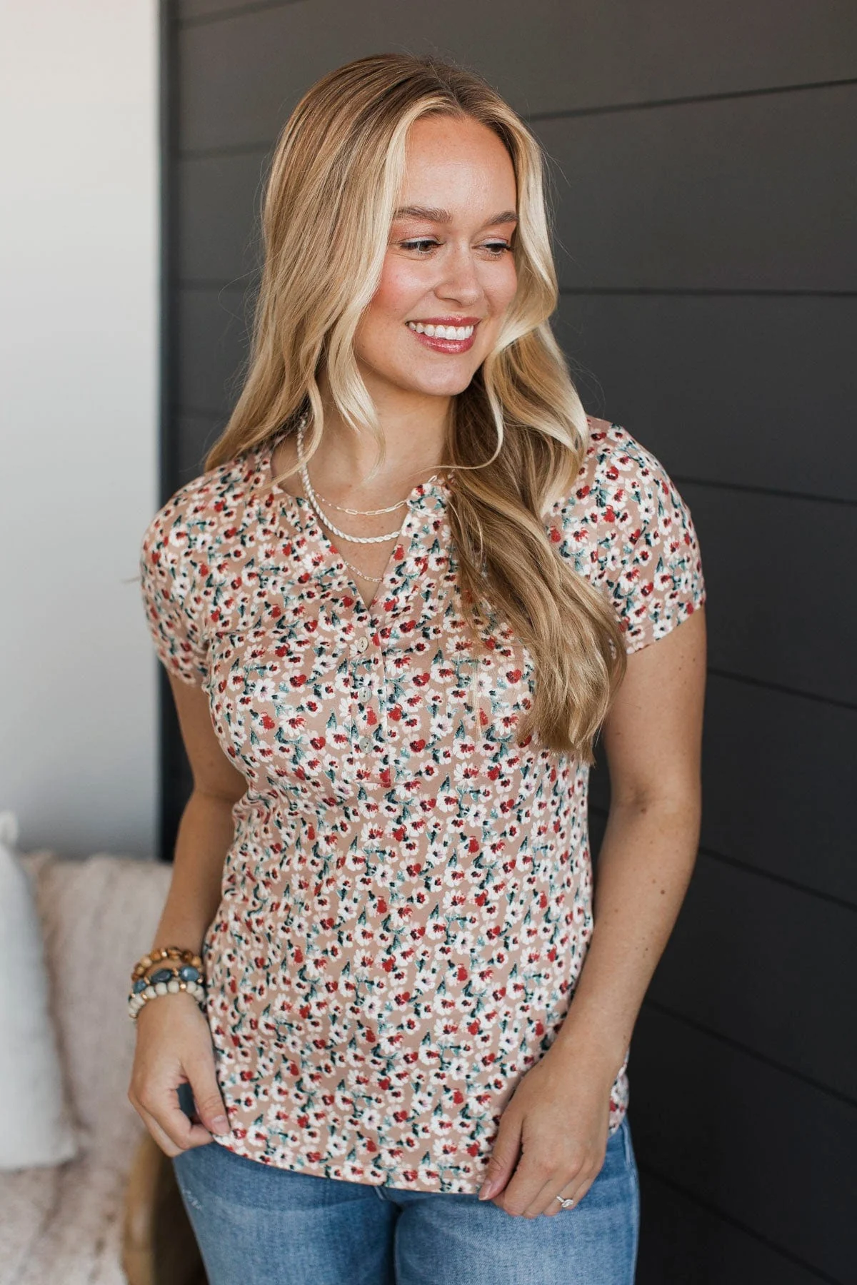 Fulfilling Dreams Short Sleeve Floral Top- Taupe - Image 4