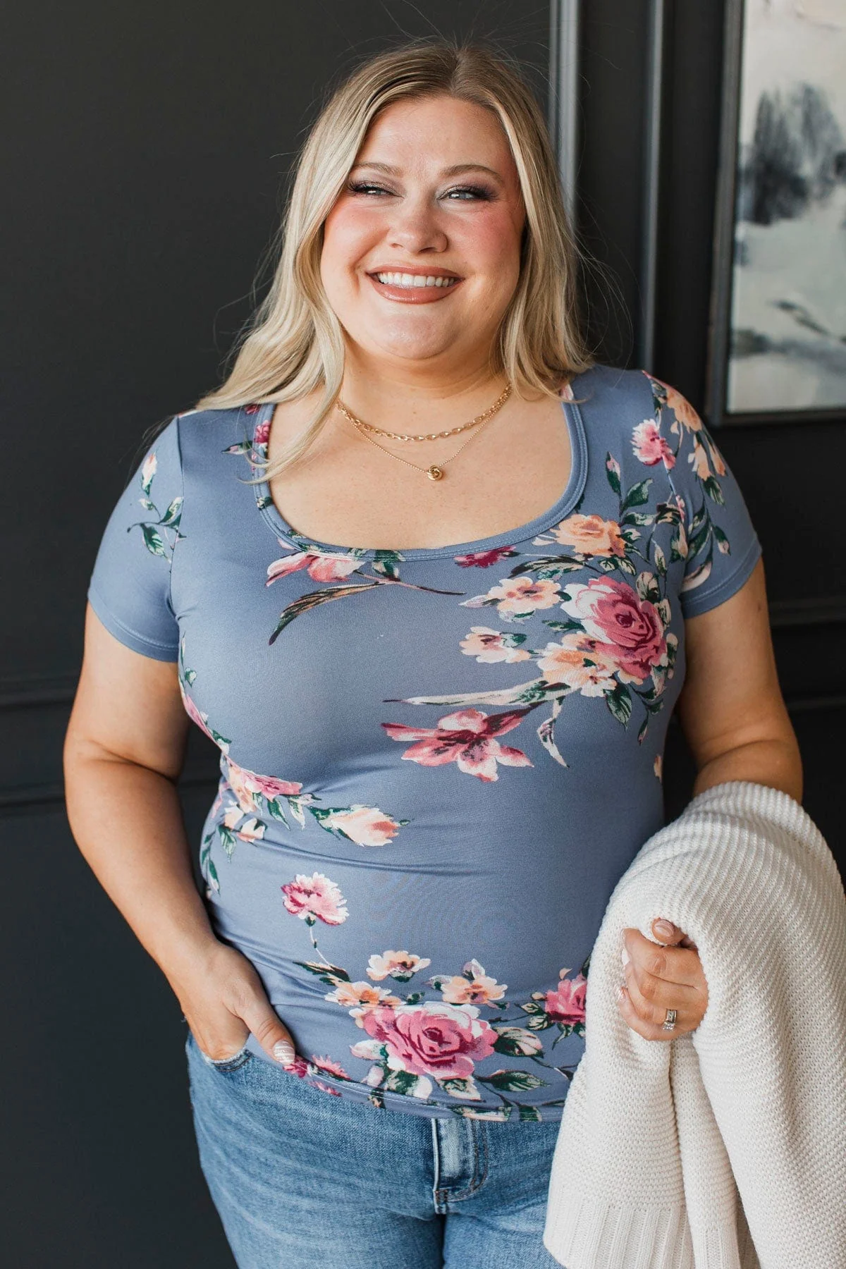 Fulfilling Moments Floral Top- Denim Blue