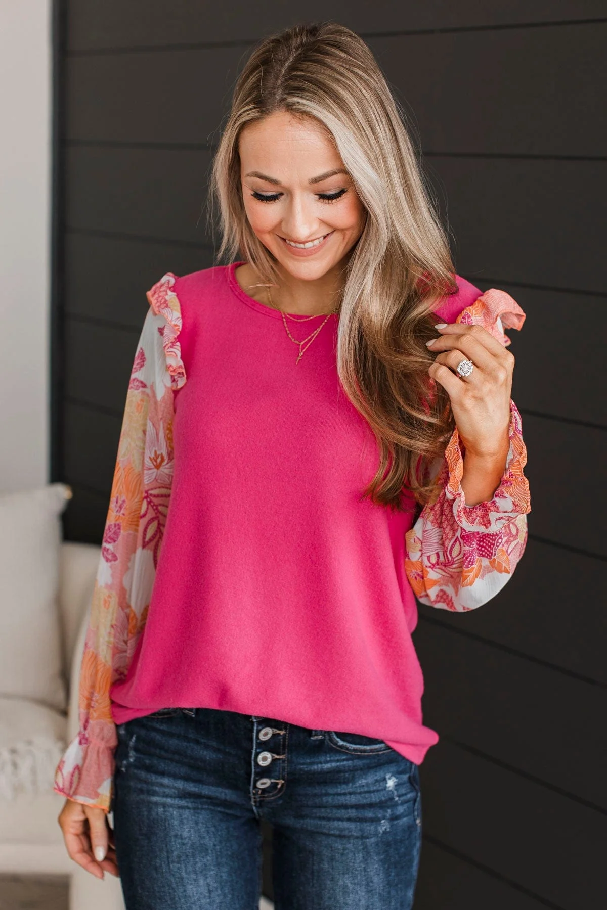 Full Of Floral Knit Top- Hot Pink - Image 3