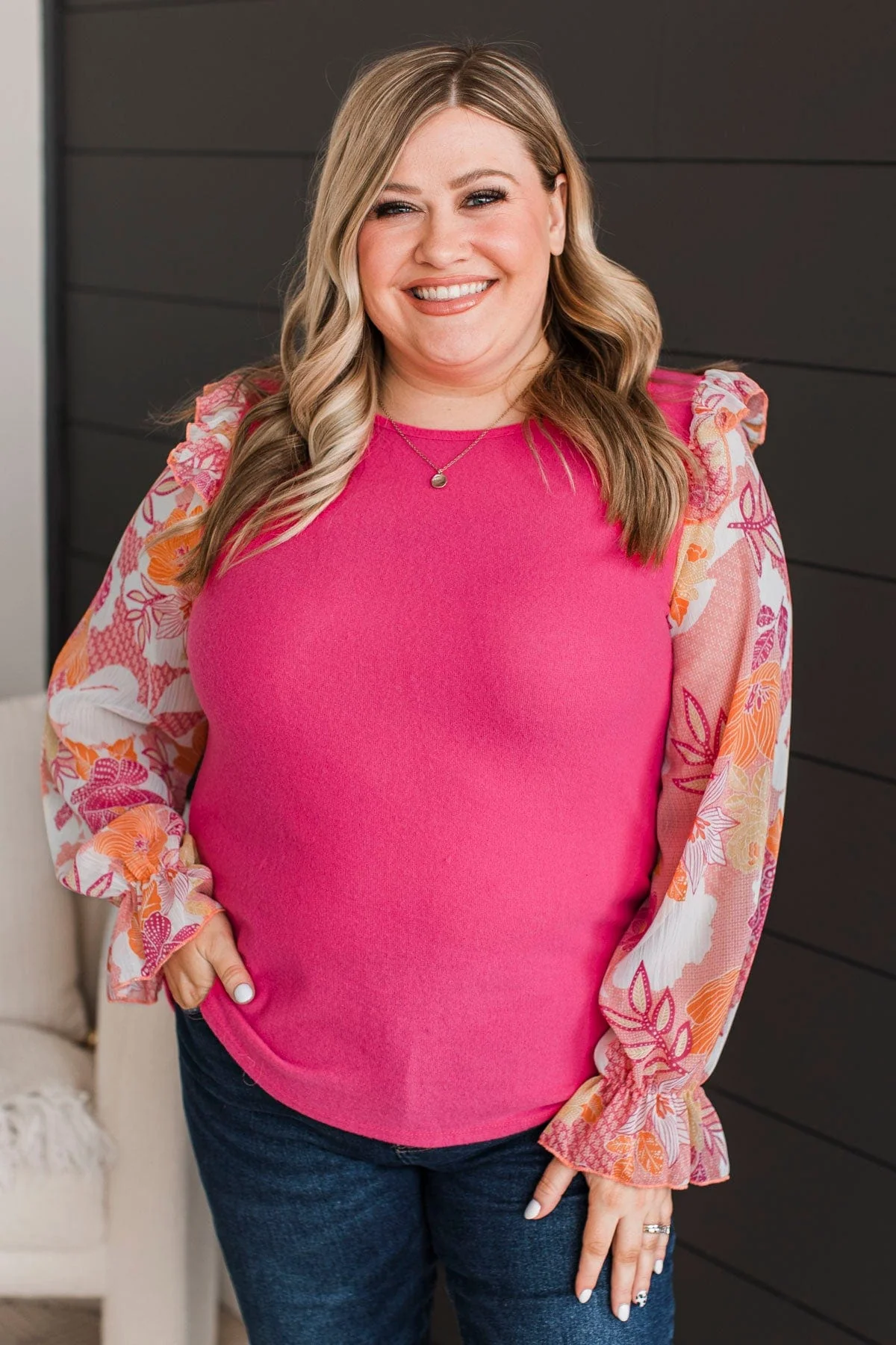 Full Of Floral Knit Top- Hot Pink - Image 4