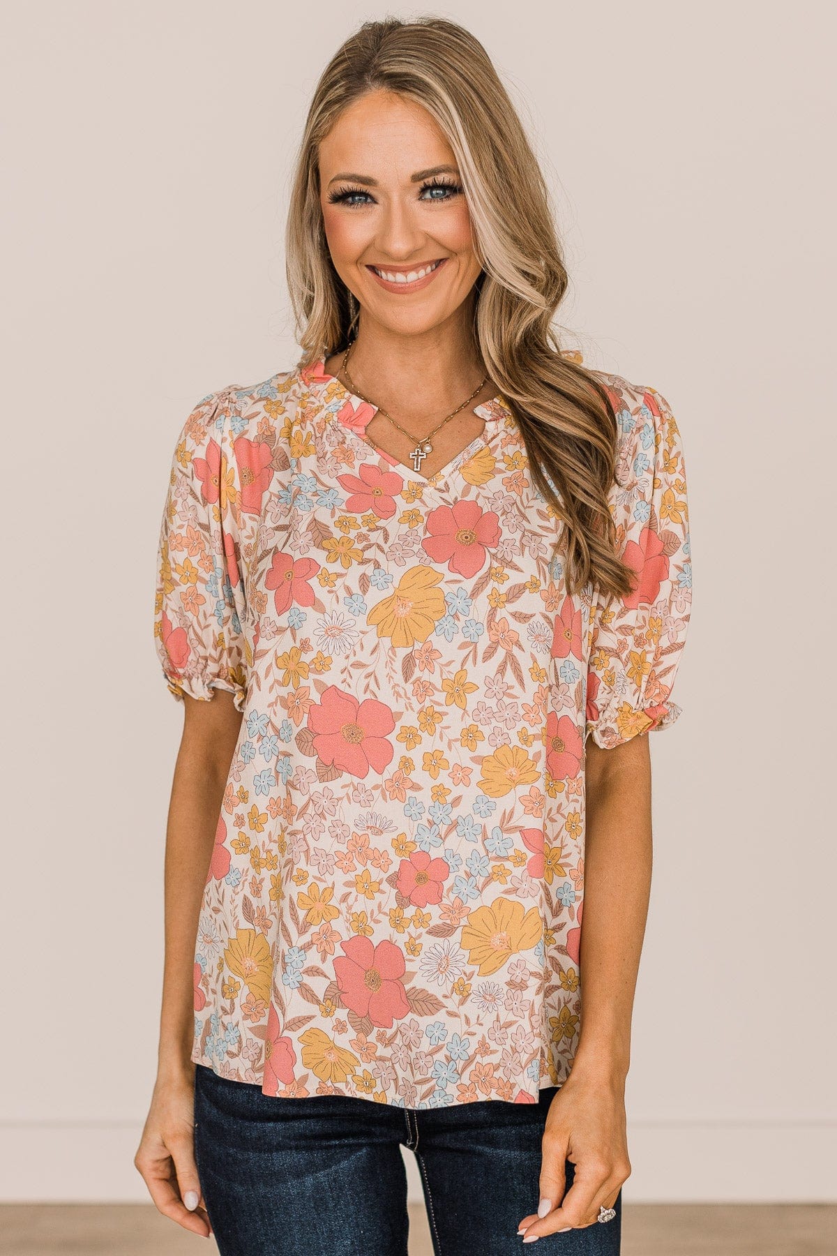 Full Of Happiness Floral Blouse- Cream & Pink - Image 3