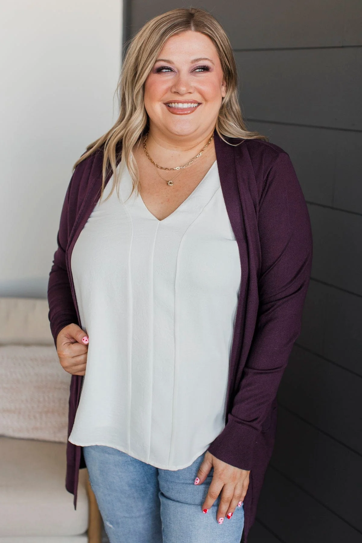 Full Of Laughter Knit Cardigan- Dark Plum - Image 3