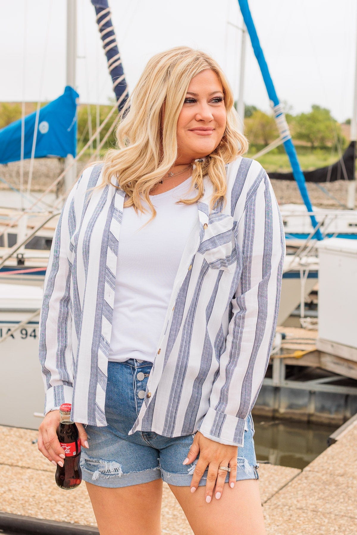 Full Of Pride Striped Button Up Top- Navy - Image 2