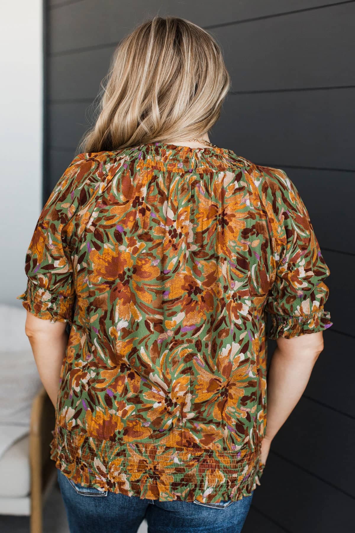 Fun Ideas Smocked Floral Blouse- Moss Green & Brown - Image 8