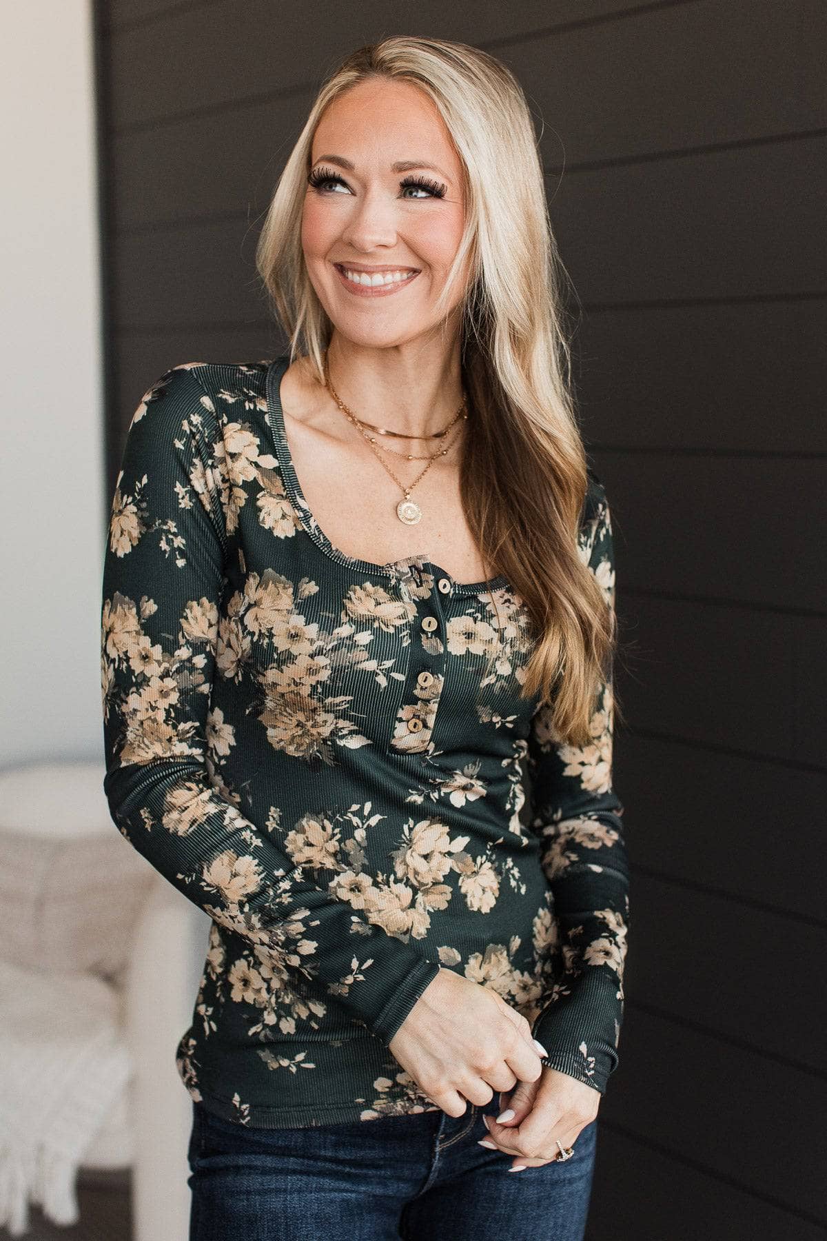 Fun To Be Had Floral Henley Top- Dark Hunter Green - Image 3