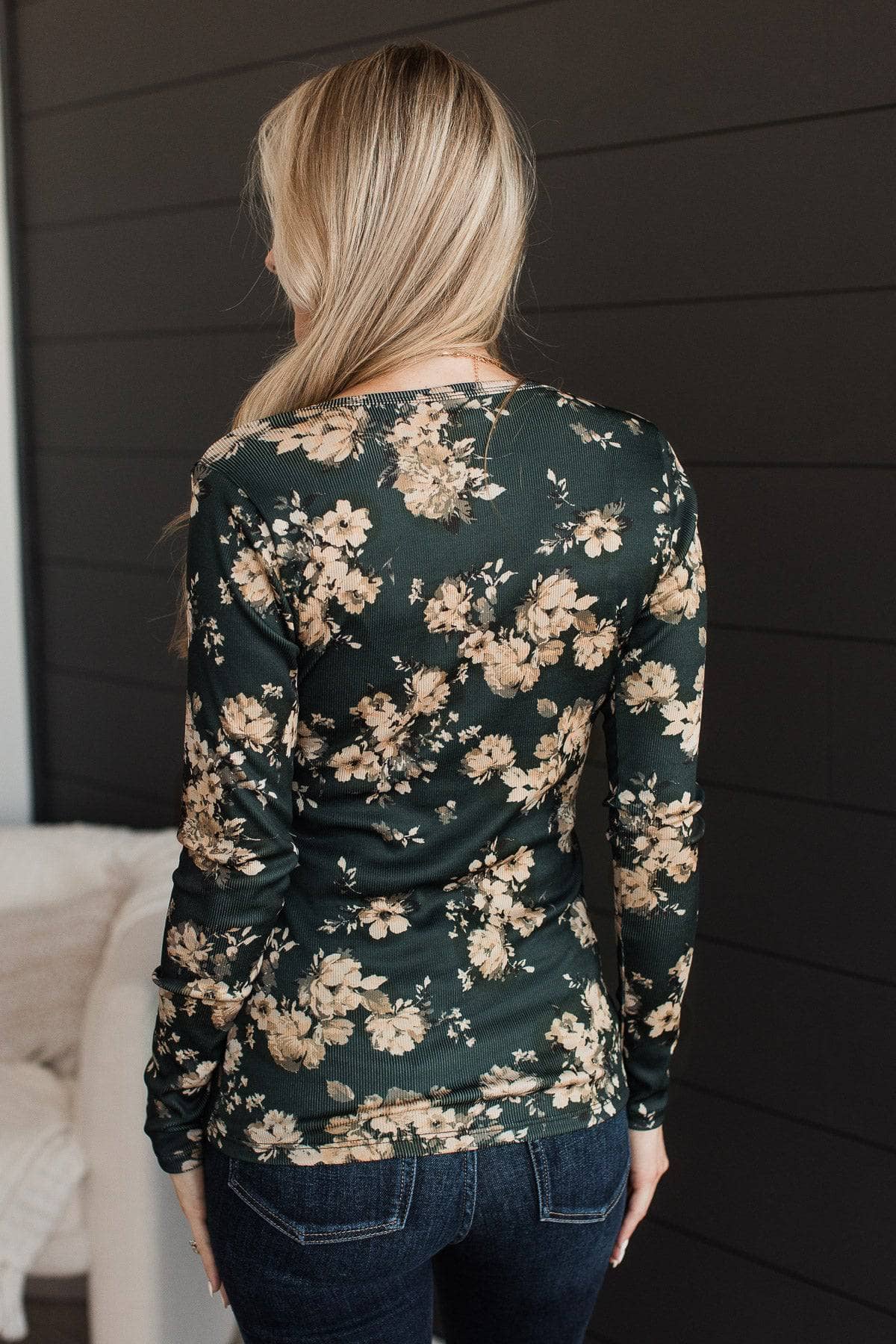 Fun To Be Had Floral Henley Top- Dark Hunter Green - Image 5