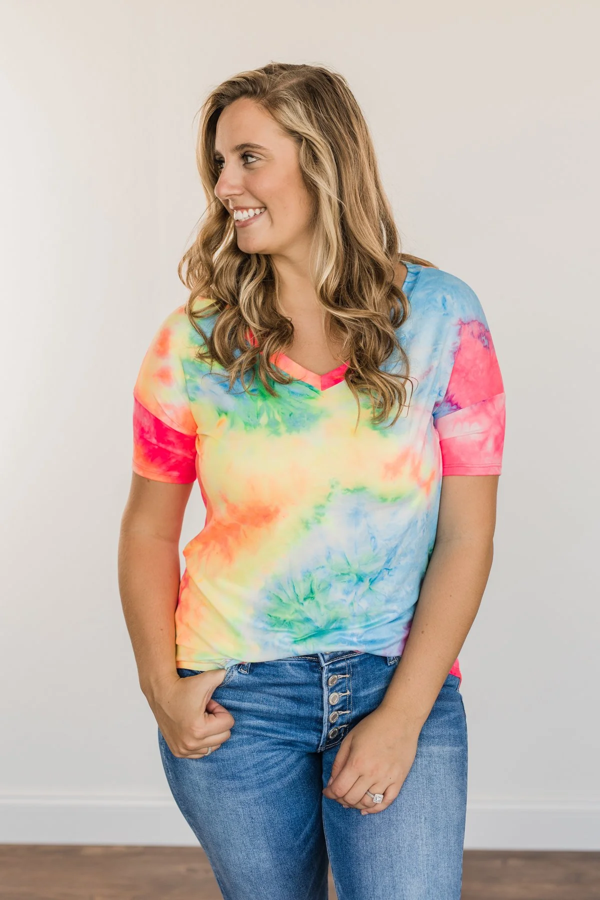 Fun Under The Sun Tie Dye Top- Neon Pink, Blue & Yellow - Image 2