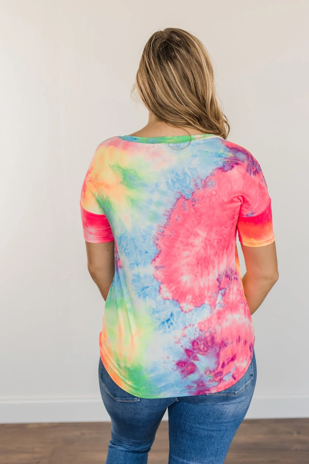 Fun Under The Sun Tie Dye Top- Neon Pink, Blue & Yellow - Image 8