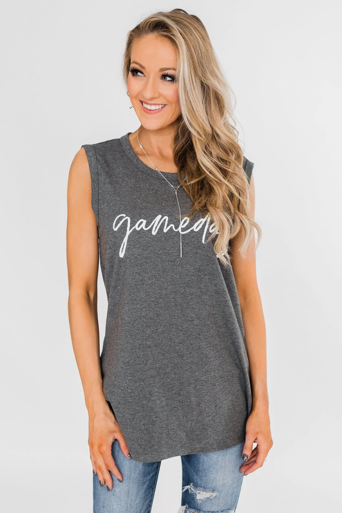 "Gameday" Graphic Tank Top- Charcoal - Image 2