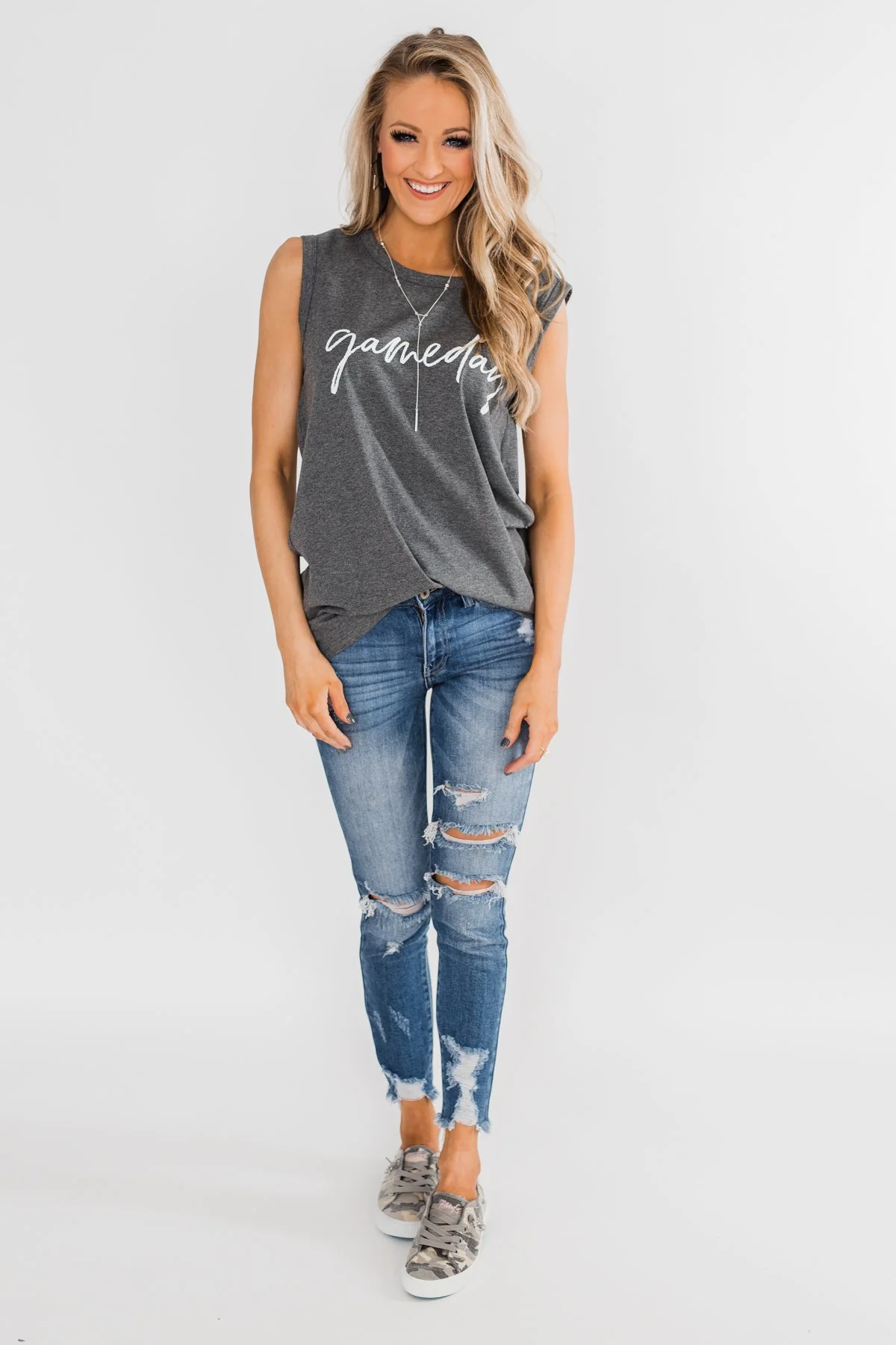 "Gameday" Graphic Tank Top- Charcoal - Image 4