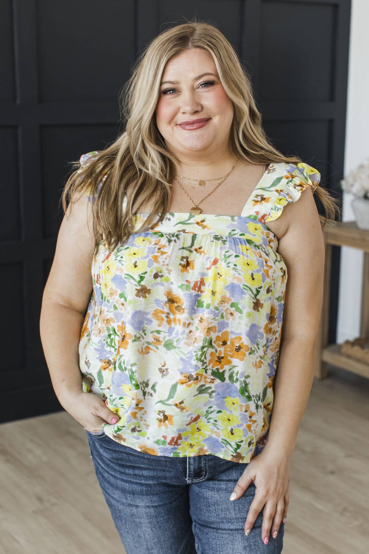 Garden Charm Ruffle Floral Tank Top- Lavender Multi